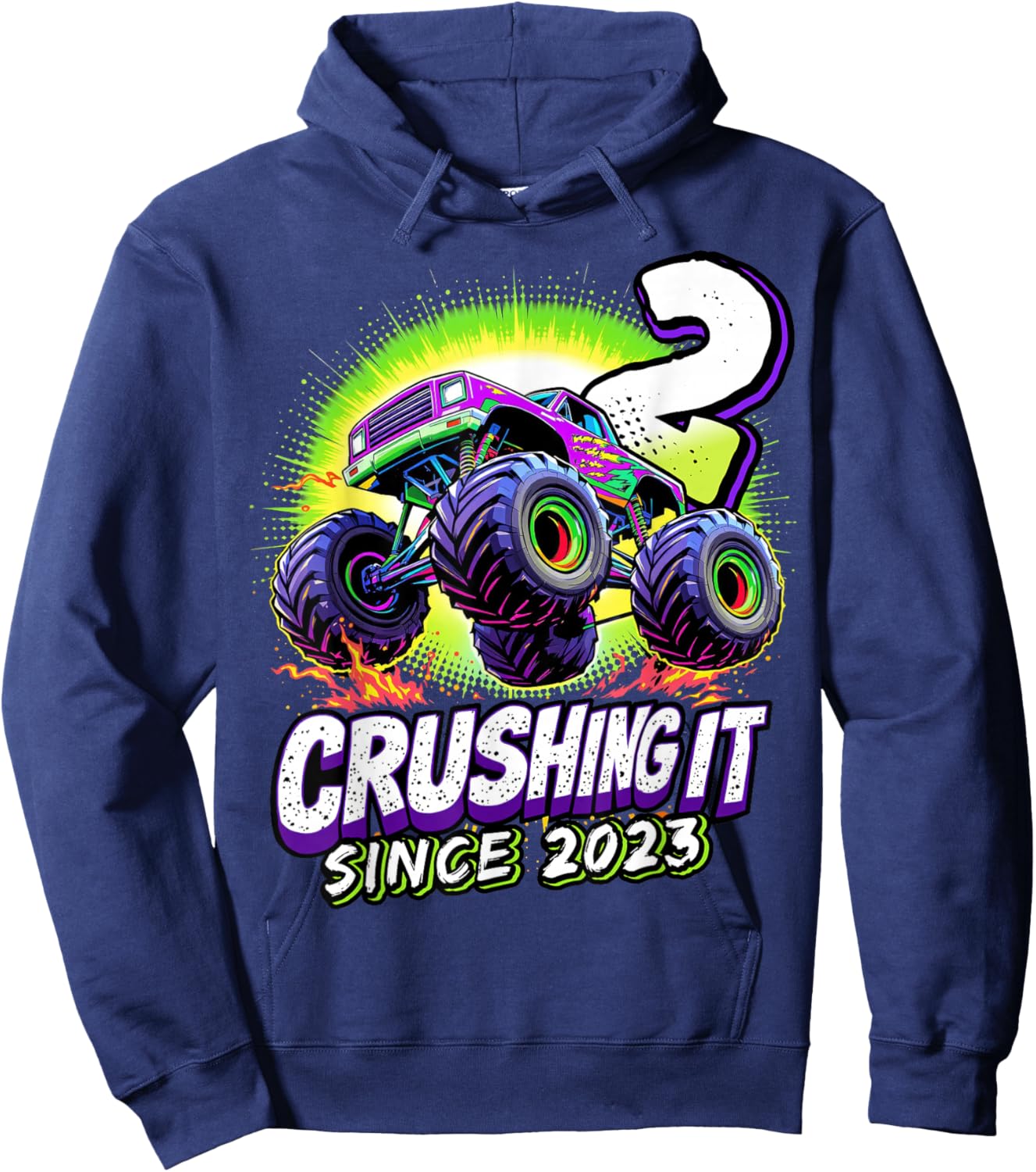 Birthday Monster Truck 2 Year Old Boys 2nd Party Born 2023 Hoodie - Hoodie | Navy