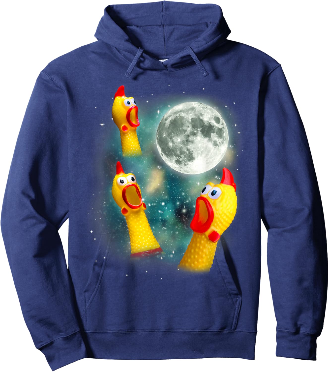 Three Rubber Chicken Moon Funny Screaming Fowl Cursed Joke Hoodie - Hoodie | Navy