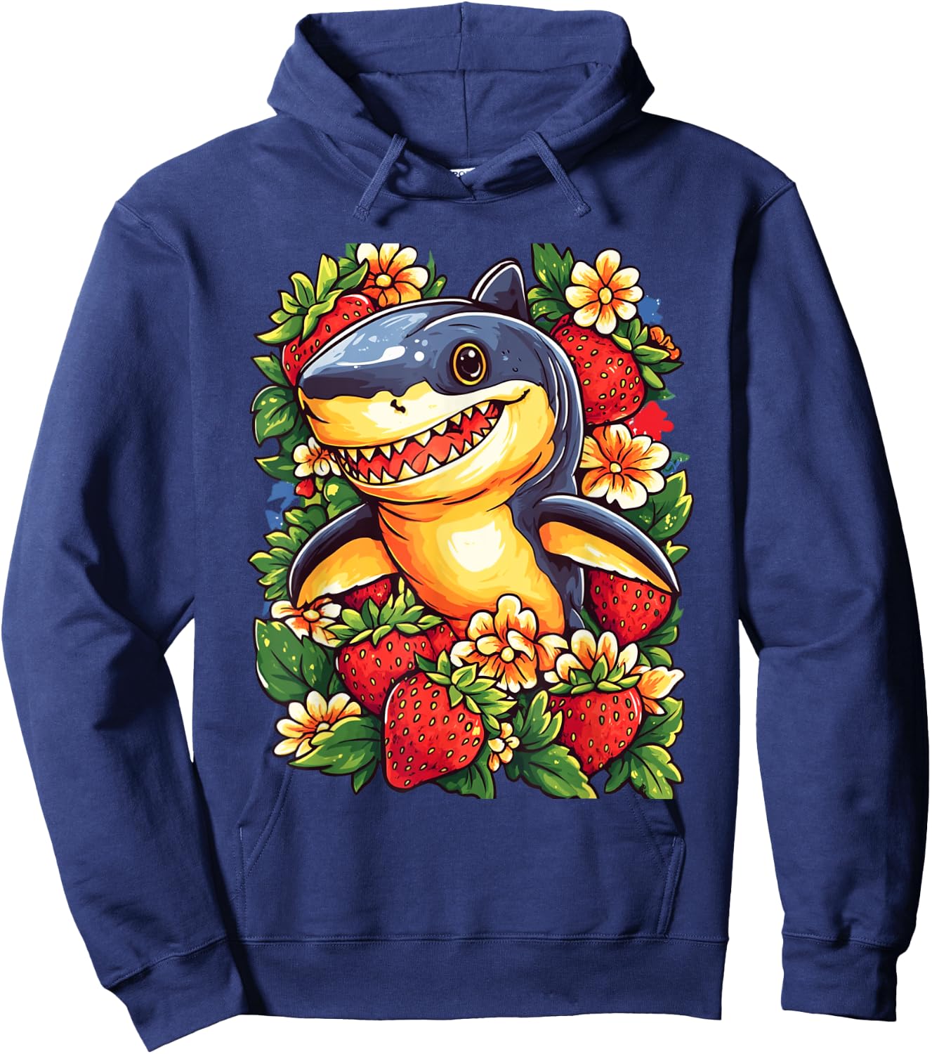 Shark Strawberries and Flowers Graphic Cute Shark Hoodie - Hoodie | Navy