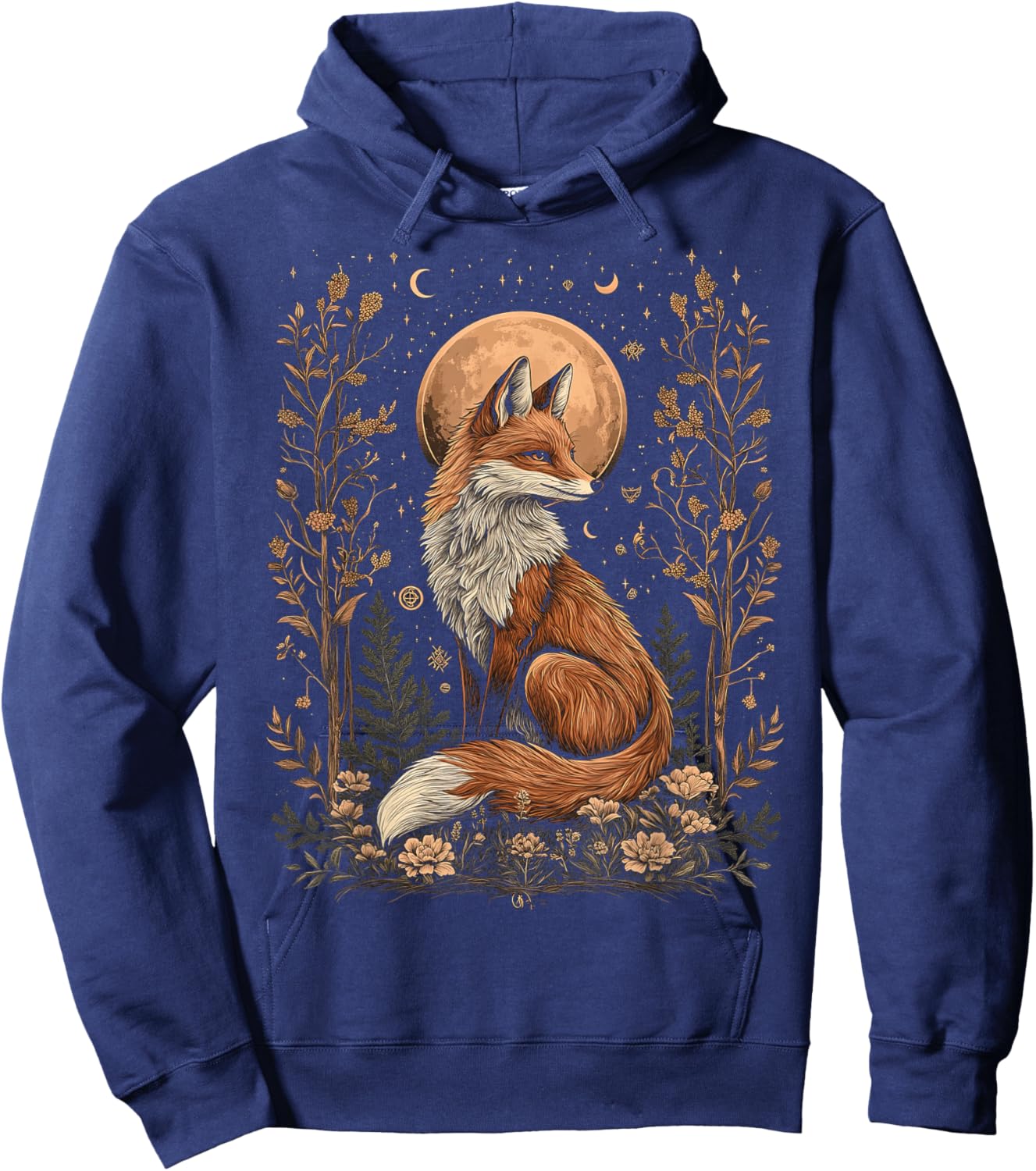 Mystic Moon and Moonphase Fox Mystical Flowers Aesthetic Hoodie - Hoodie | Navy
