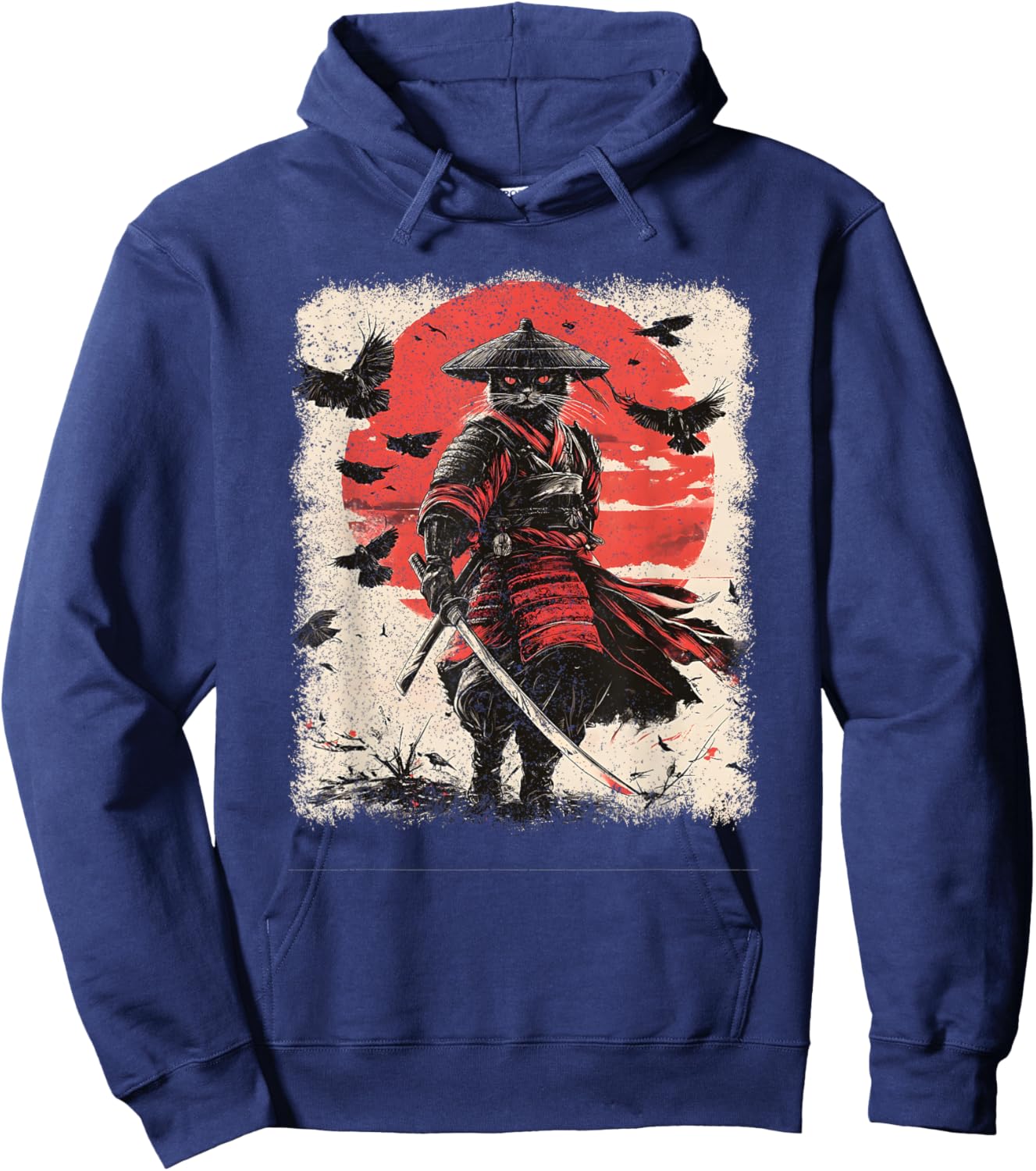 Samurai Cat, Vintage Japanese Warrior Art | Anime & Samurai Hoodie - Hoodie | Navy
