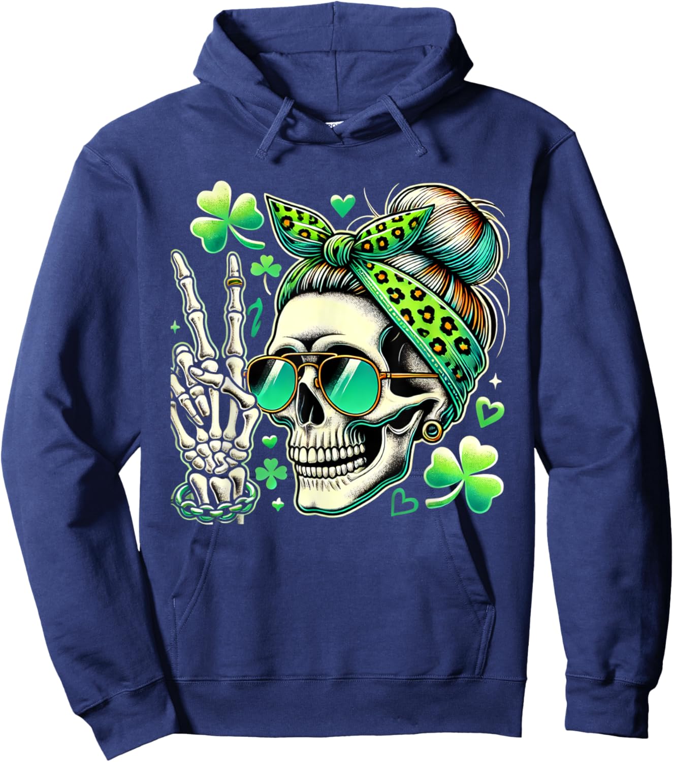 St Patricks Day Skull Messy Bun Saint Pattys Paddys Women Hoodie - Hoodie | Navy