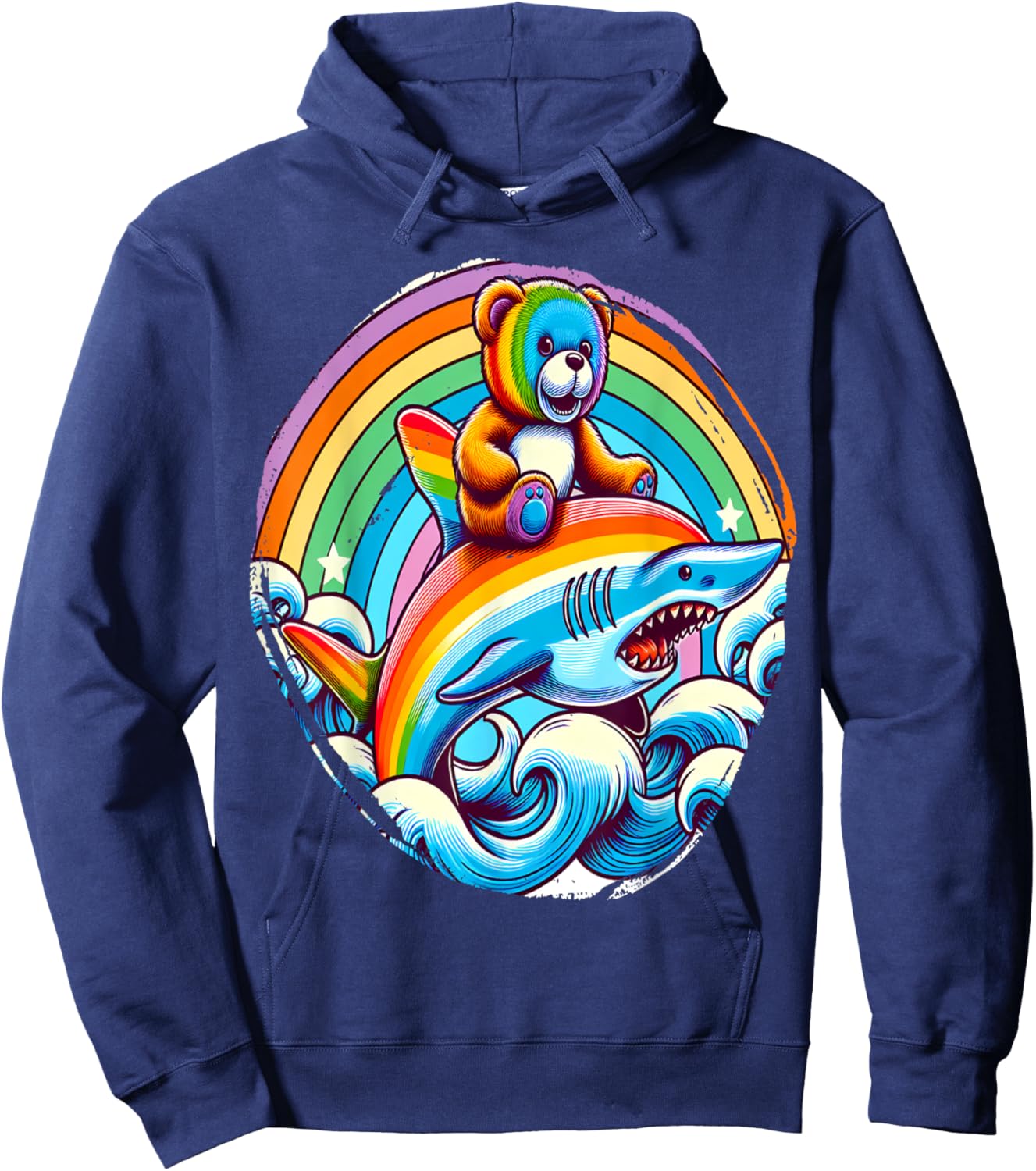 Teddy Bear Riding Shark on Rainbow Hoodie - Hoodie | Navy