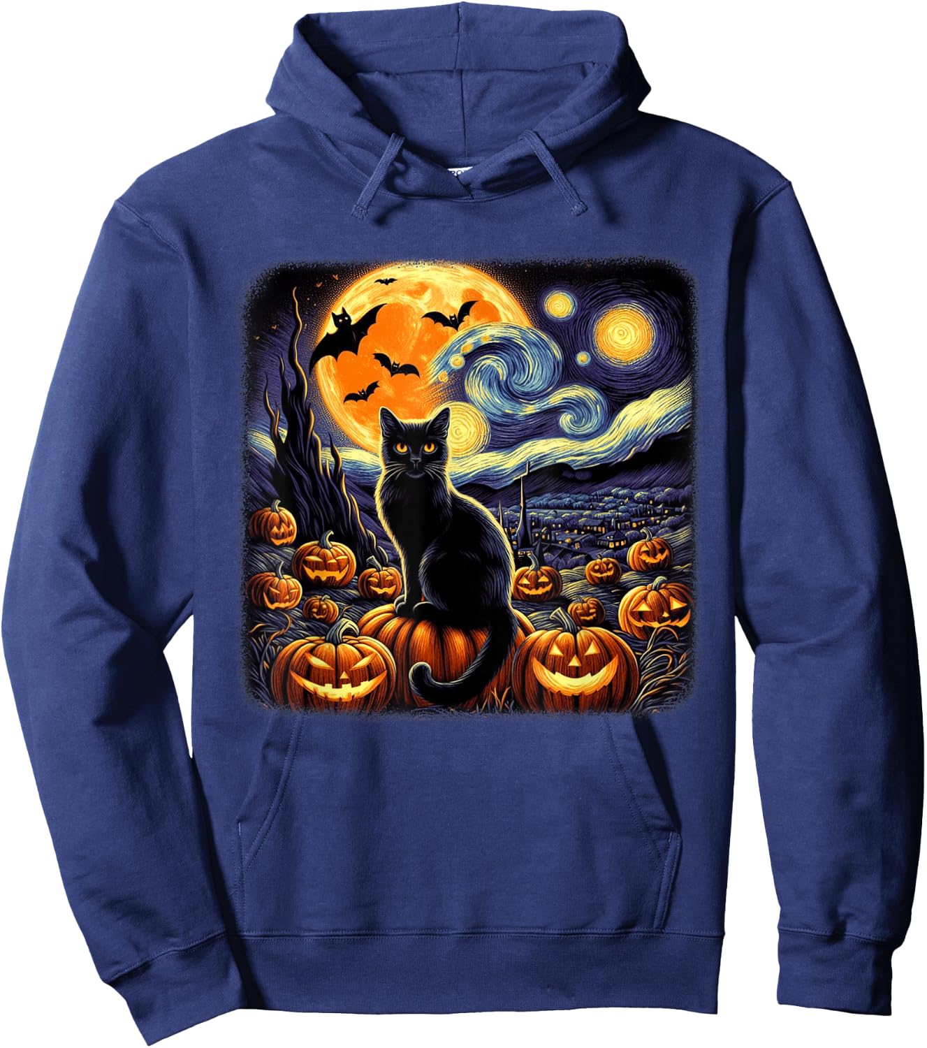 Van Gogh Cat Starry Night Cat Halloween Pumpkin Cat Lovers Hoodie - Hoodie | Navy