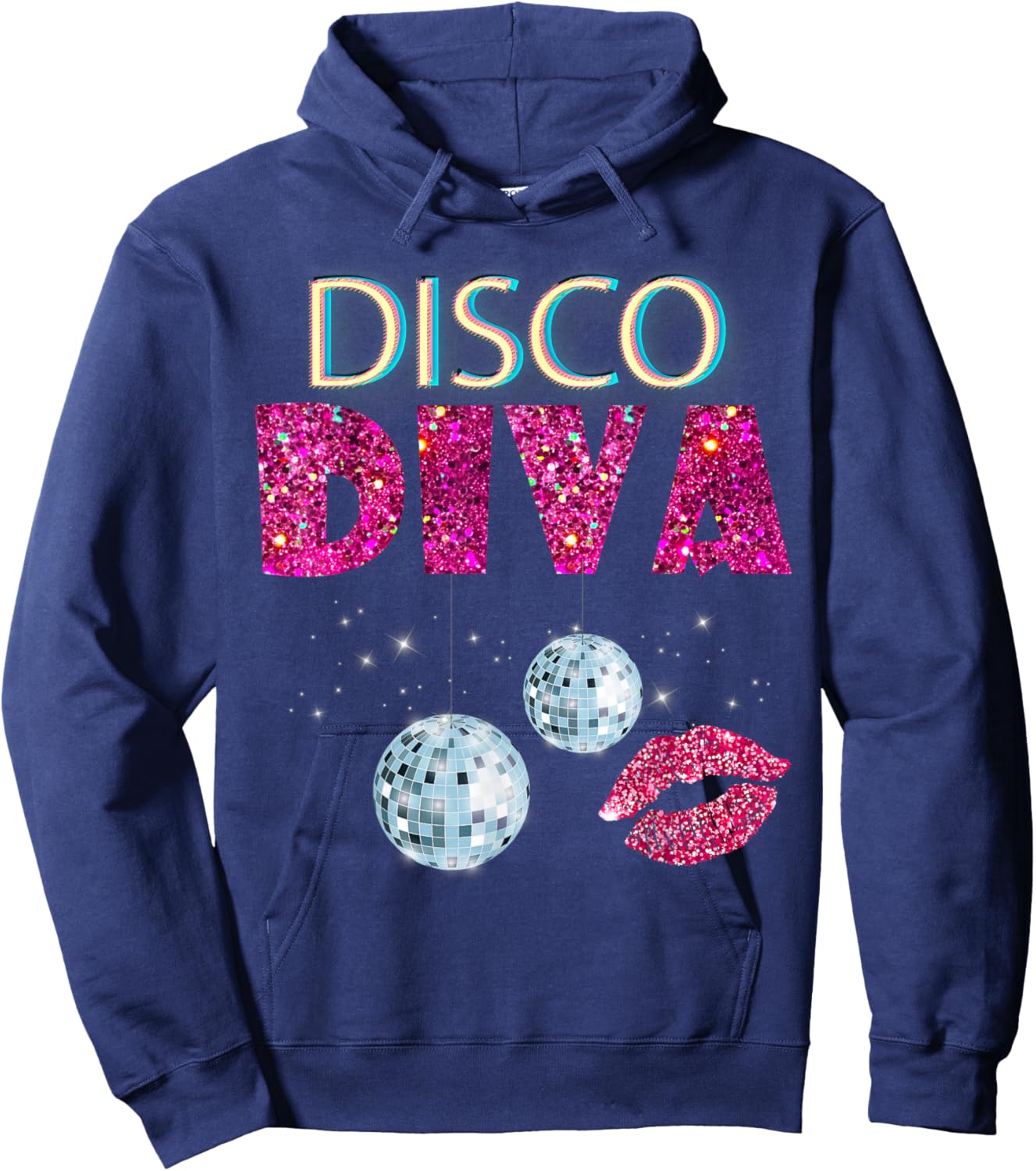 Disco Diva Ladies Disco Gold Ball Silver Red Lips Hoodie - Hoodie | Navy