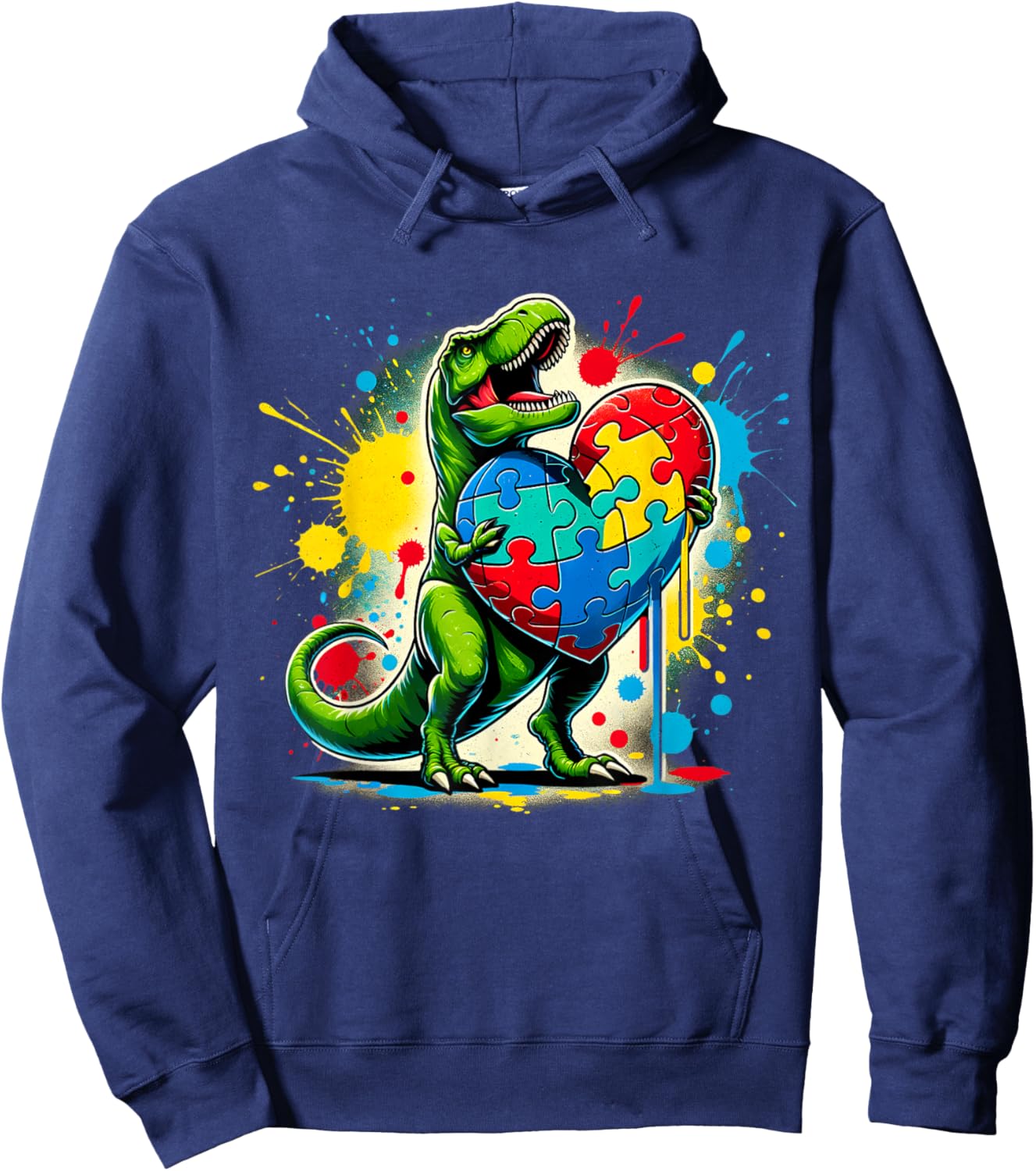 Boys Kids Autism Awareness Funny T Rex Dinosaur Puzzle Piece Hoodie - Hoodie | Navy