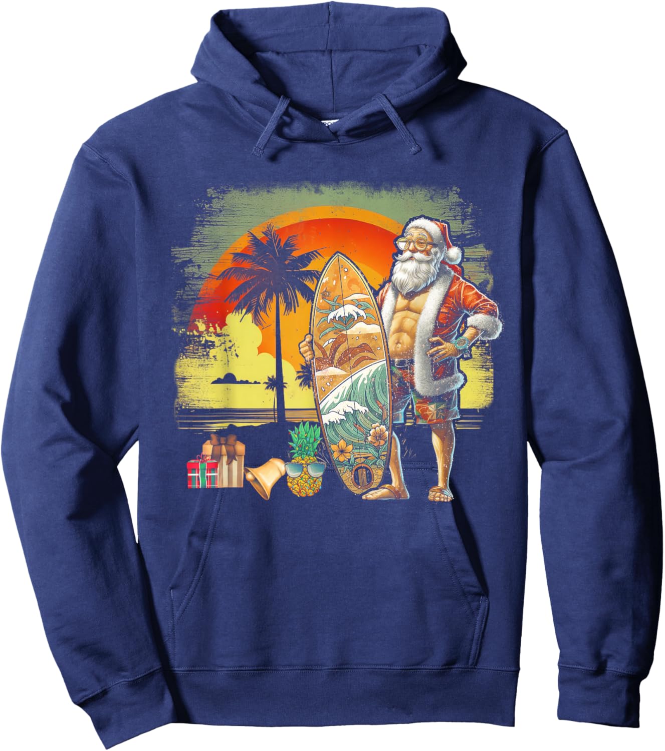 Tropical Summer Surfing Santa Claus 6 Pack Christmas In July Men Women Hoodie - Hoodie | Navy