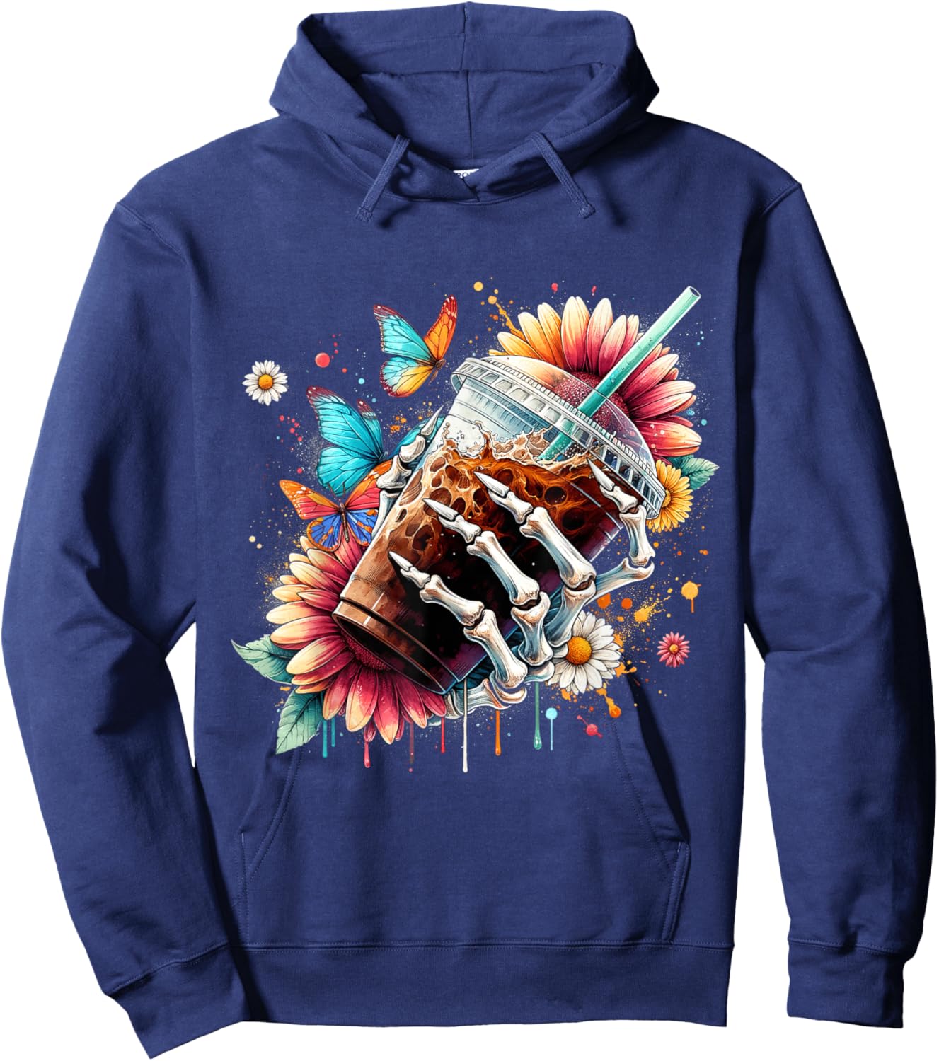 Whimsical Iced Coffee Floral Skeleton Fantasy Flower Hoodie - Hoodie | Navy