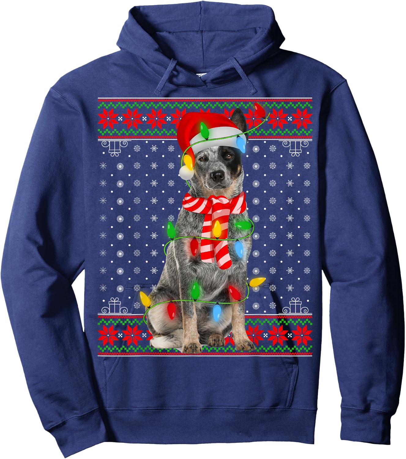 Ugly Xmas Dog Lights Santa Hat Blue Heeler Dog Christmas Men Women Girls Kids Hoodie - Hoodie | Navy