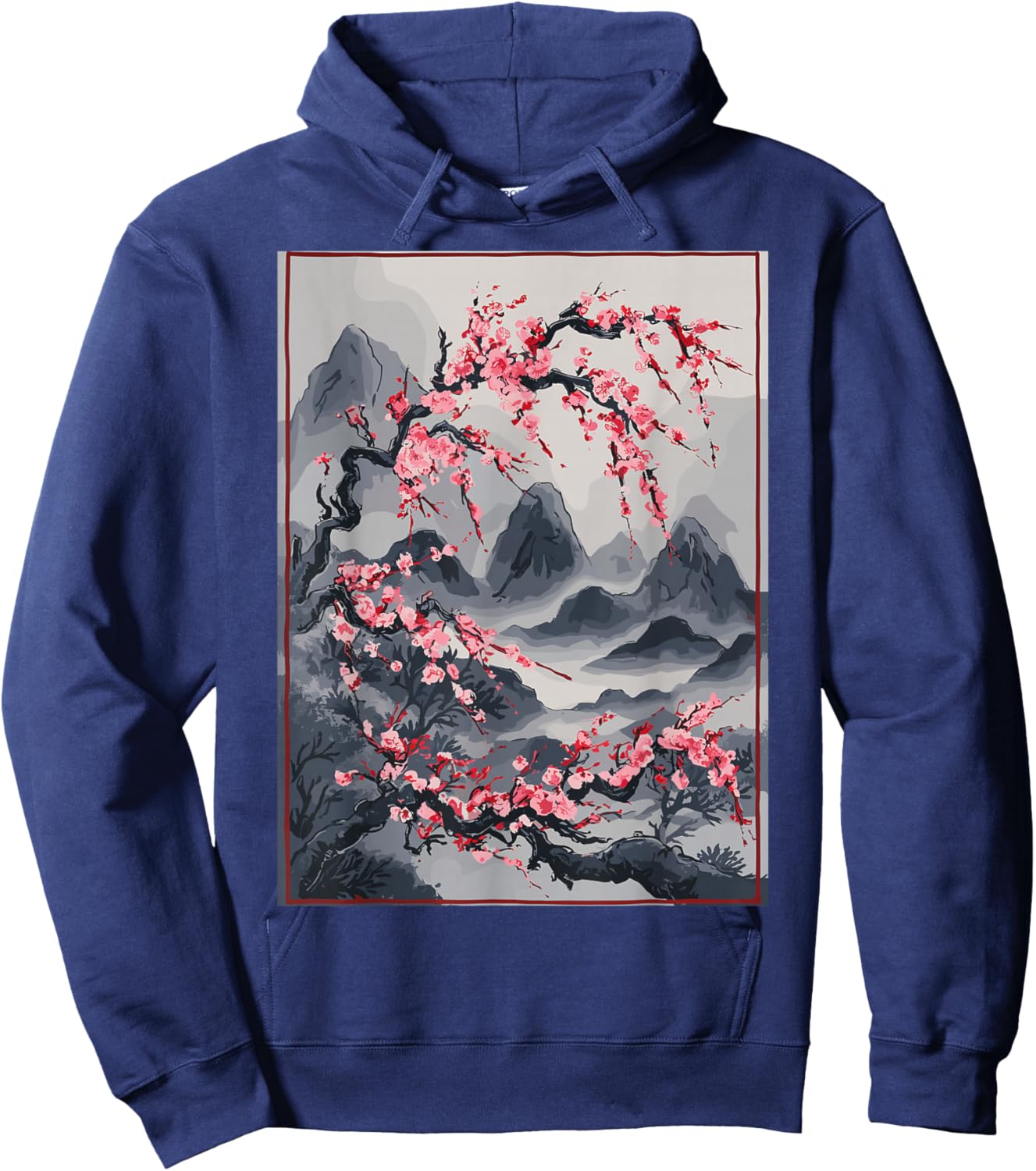 Vintage Cherry Blossom Landscape - Japanese Graphical Art Hoodie - Hoodie | Navy