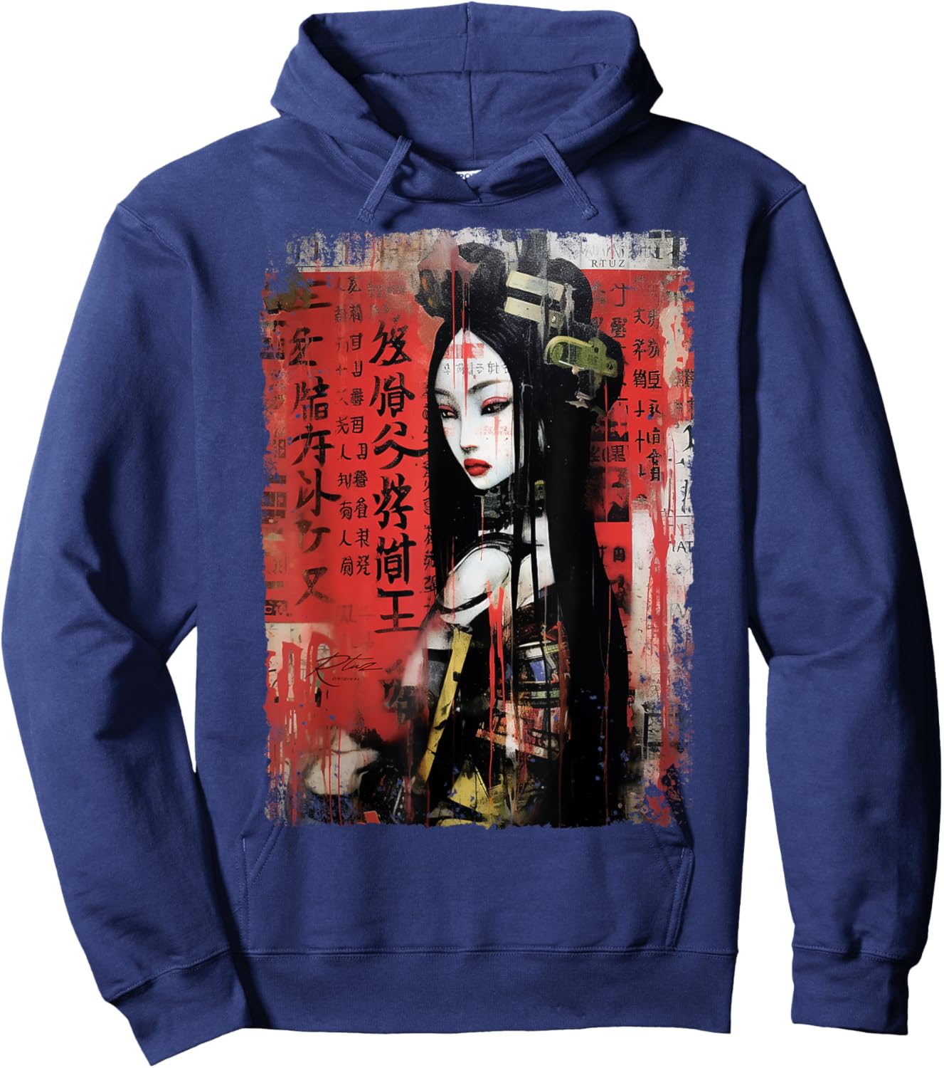 Hip Hop Y2K Vintage Hipster Edgy Urban Streetwear Geisha Hoodie - Hoodie | Navy