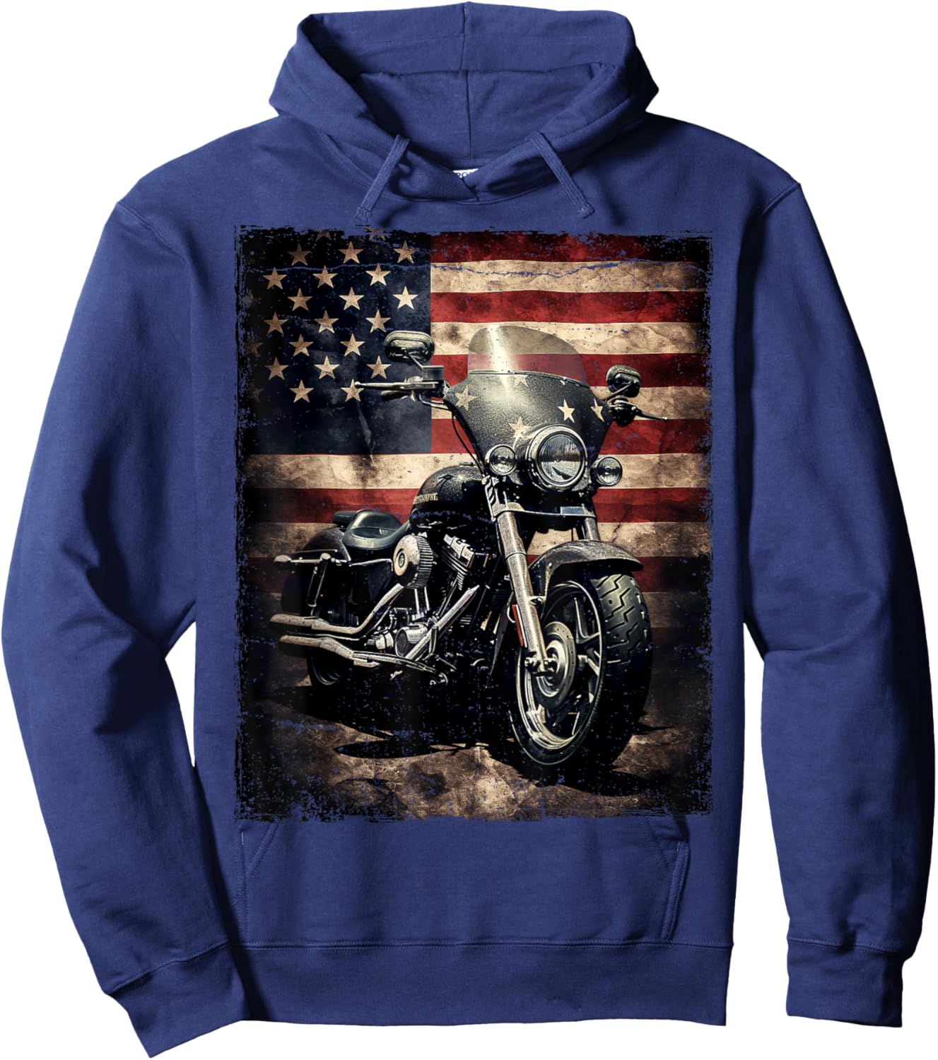 Vintage Motorcycle USA Flag Retro Biker American Hoodie - Hoodie | Navy