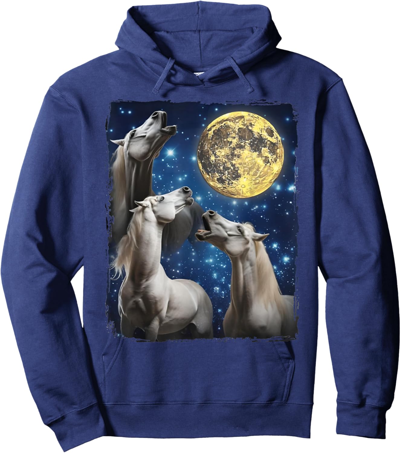 Three Horse Moon | 3 Horses Howling Funny Weird Cursed Meme Hoodie - Hoodie | Navy