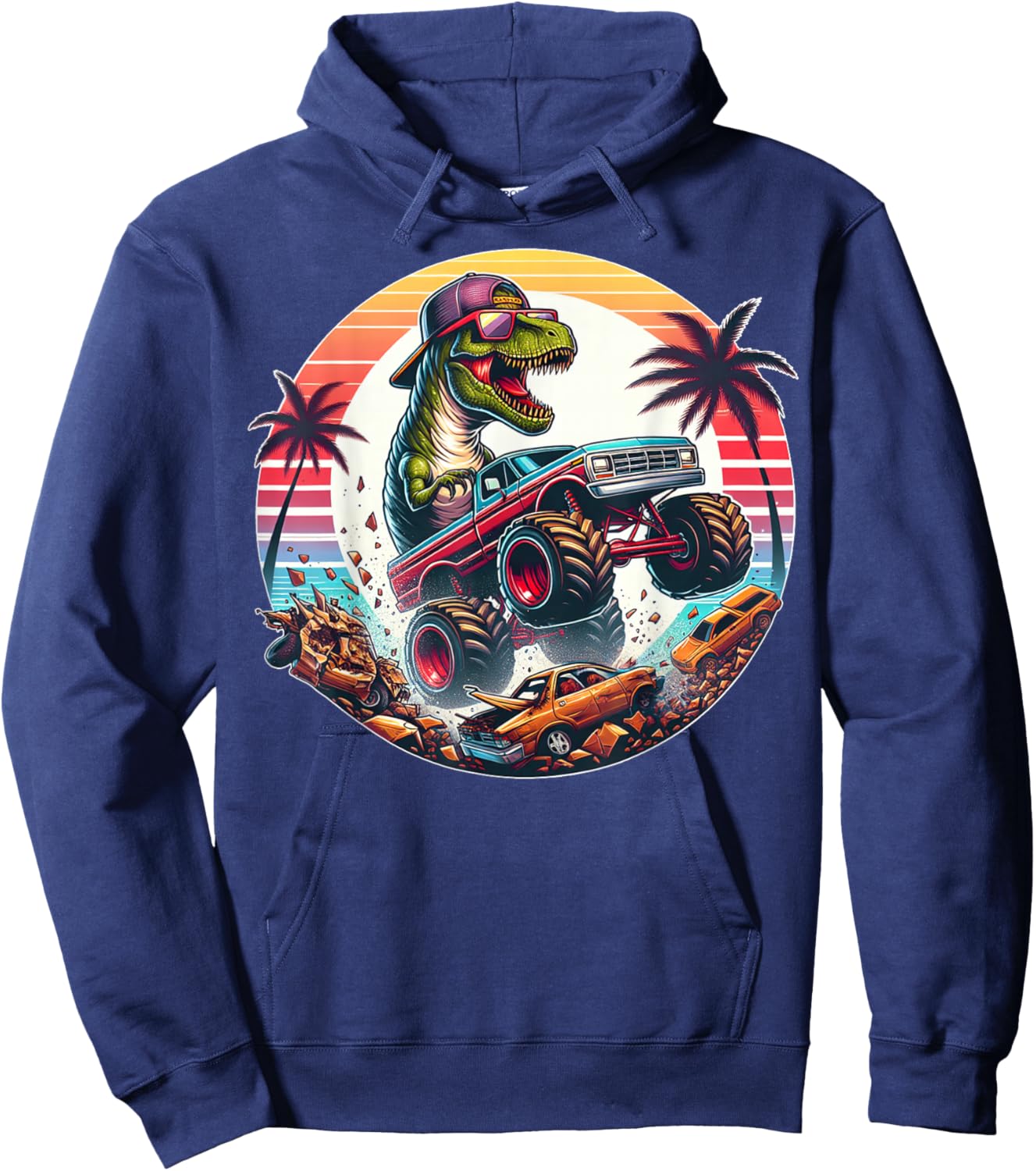 T-rex Dinosaur Monster Truck Vintage Kids Youth Toddlers Jam Hoodie - Hoodie | Navy