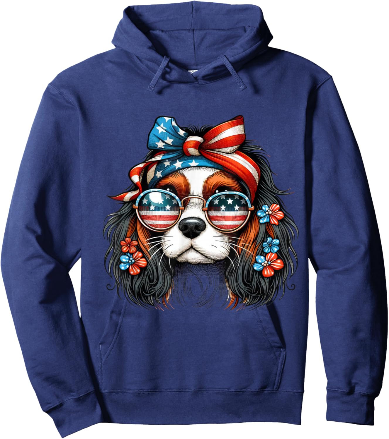 Girl 4th of July With Cavalier King Charles Spaniel Dog Hoodie - Hoodie | Navy