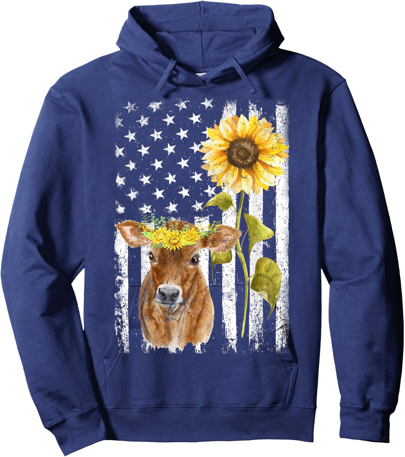 Cow USA Flag Sunflower Cow Lover Women Girls Kids Men Hoodie - Hoodie | Navy