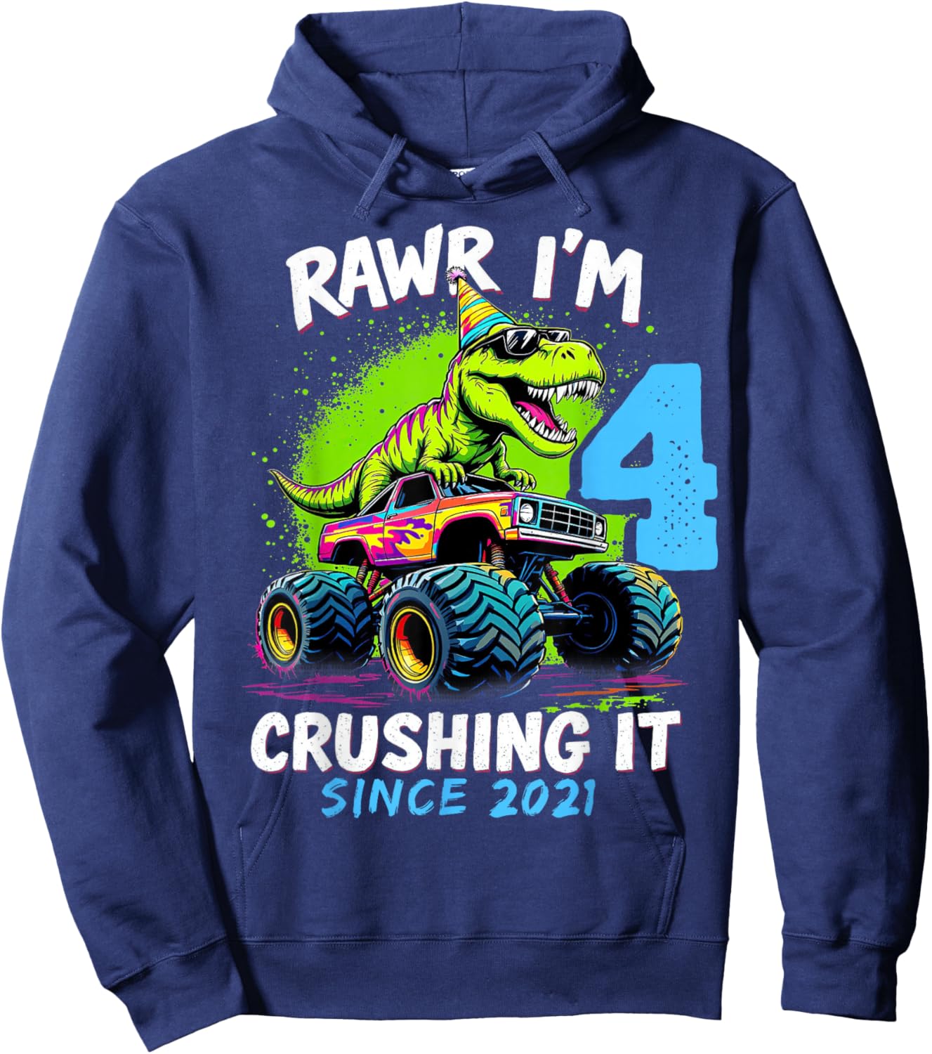 4th Birthday Monster Truck Dinosaur Party Boys Rawr I'm 4 Hoodie - Hoodie | Navy