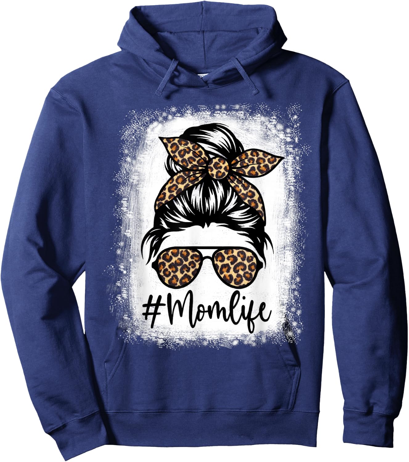 Women Mom Life Bleached Shirt Mom Life Leopard Messy Bun Hoodie - Hoodie | Navy