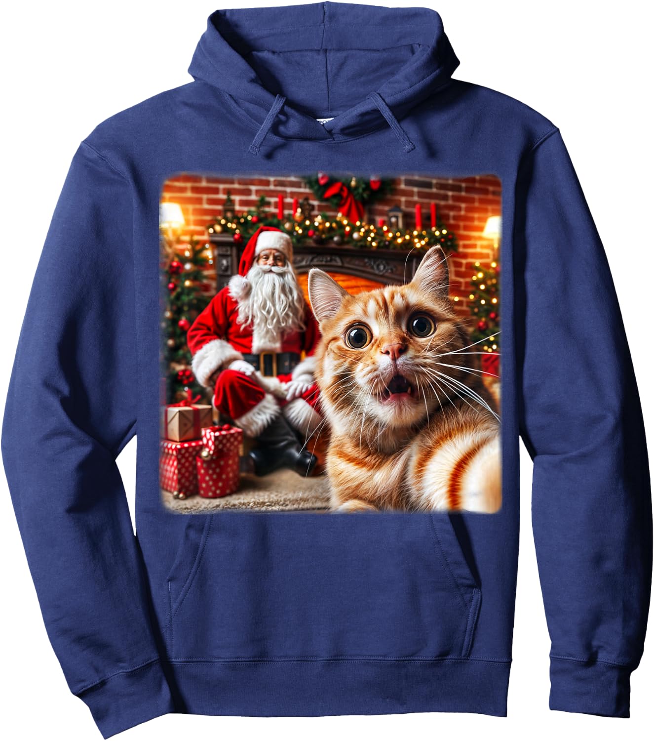 Funny Cat Selfie With Santa Claus Christmas Girls Boy Family Hoodie - Hoodie | Navy