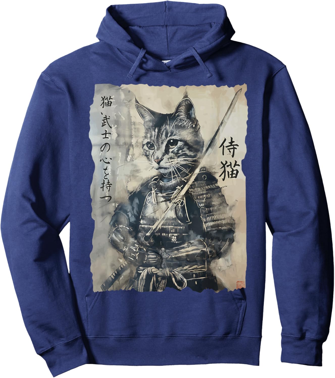 Samurai Cat, Vintage Japanese Warrior Art, Men, Women Hoodie - Hoodie | Navy