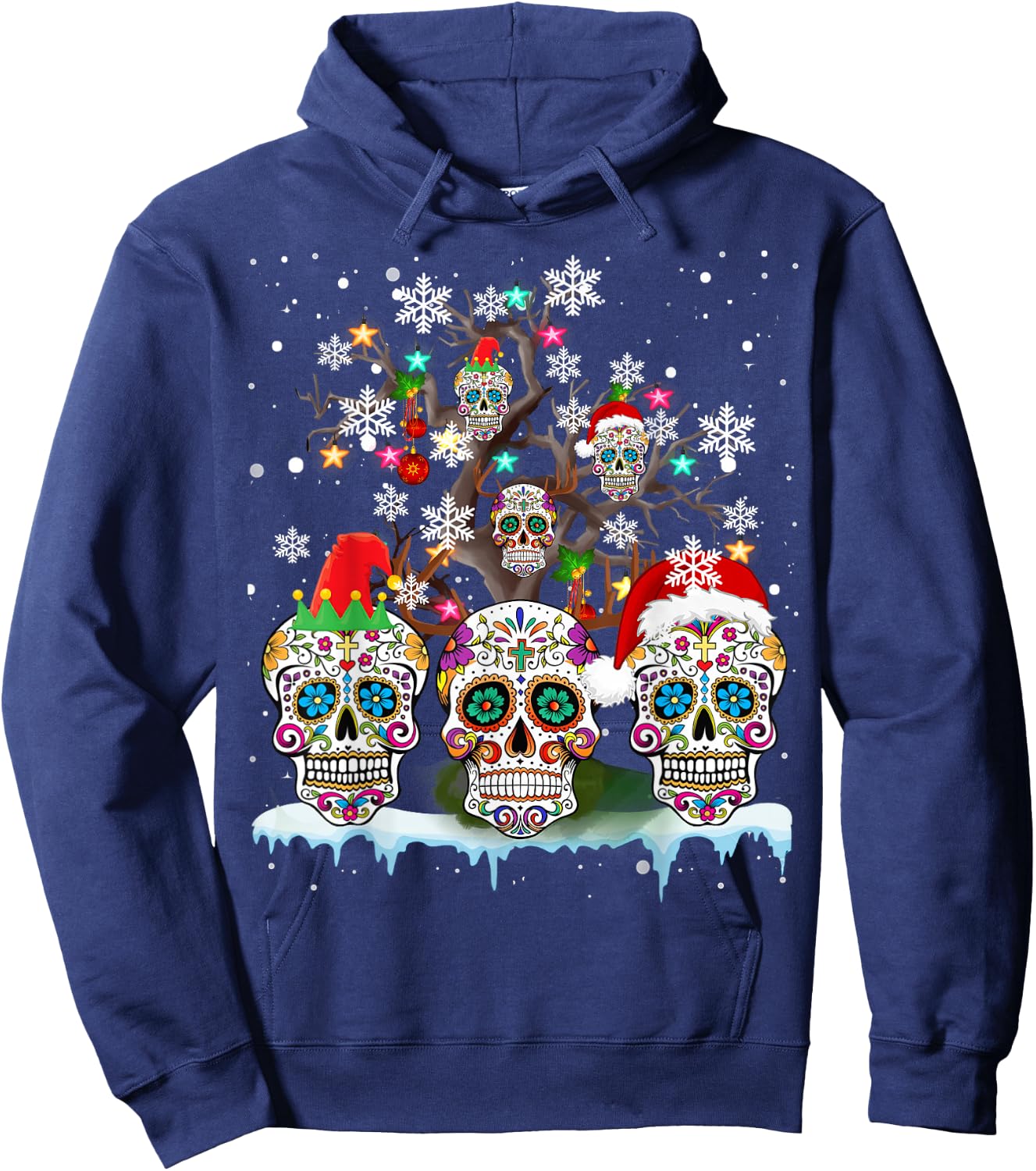 Christmas Sugar Skull On Tree Funny Santa Sugar Skull Gifts Hoodie - Hoodie | Navy