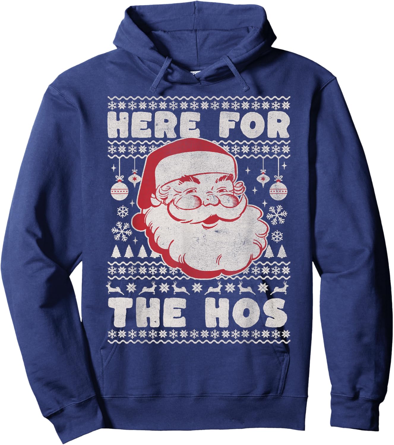 Retro Ugly Christmas Funny Holiday Santa Here for the Hos Hoodie - Hoodie | Navy