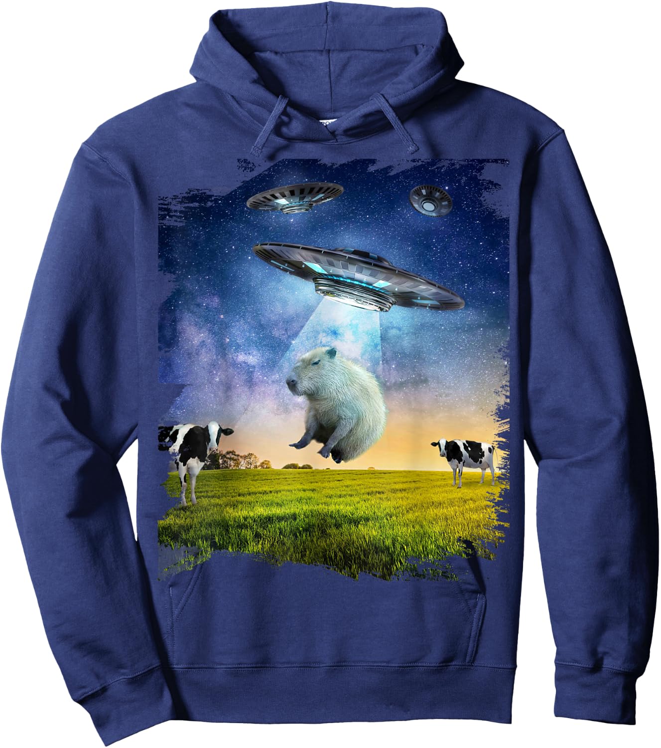 Random Galaxy Capybara UFO Abduction Abducting Funny , Men's -Adults, Black, Small, Short Sleeve, Regular Fit, Cotton, Polyester Hoodie - Hoodie | Navy