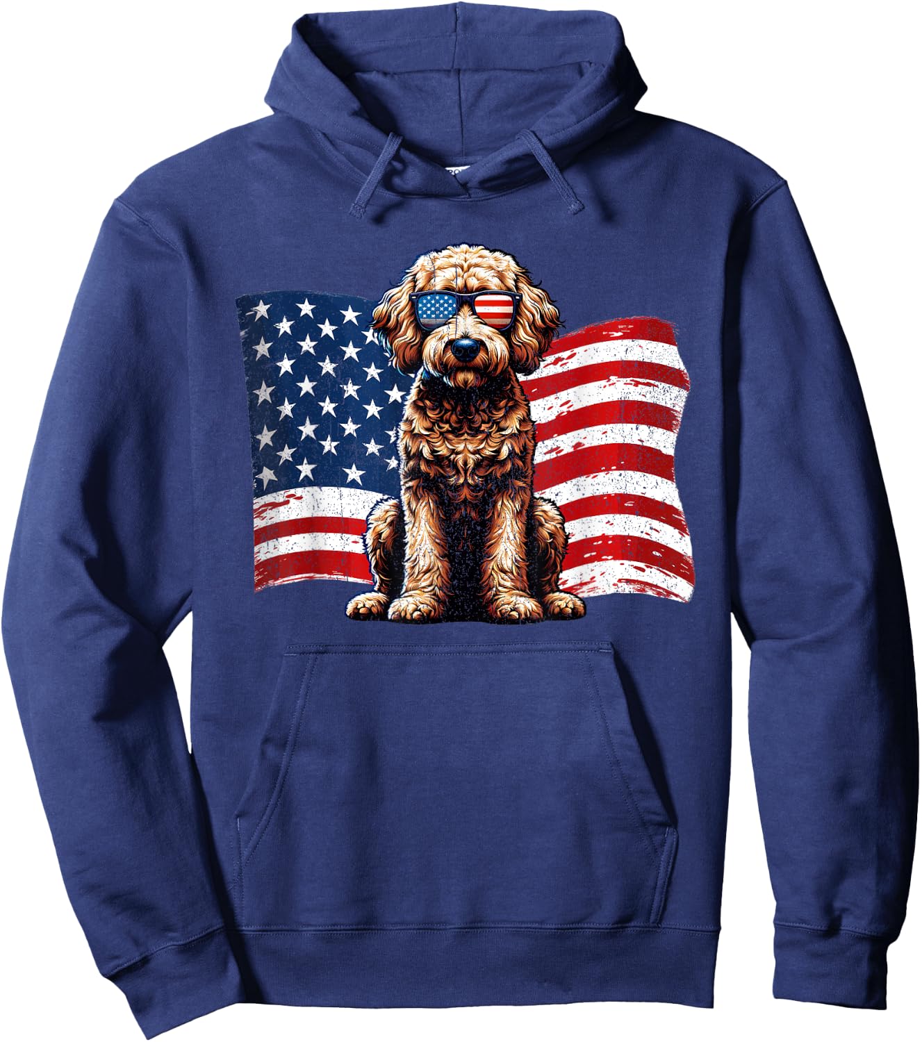 Vintage Labradoodle Dogs American Flag Sunglasses Patriotic Hoodie - Hoodie | Navy
