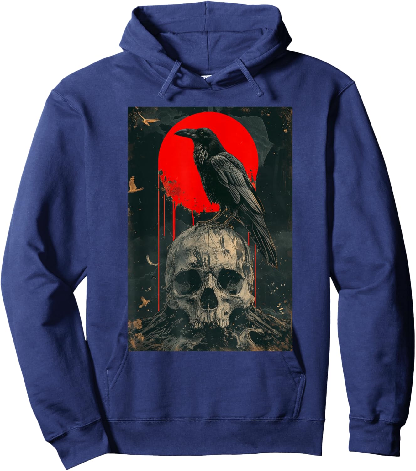 Red Moon Black Gothic Raven Skull Graphic Black Crow Hoodie - Hoodie | Navy