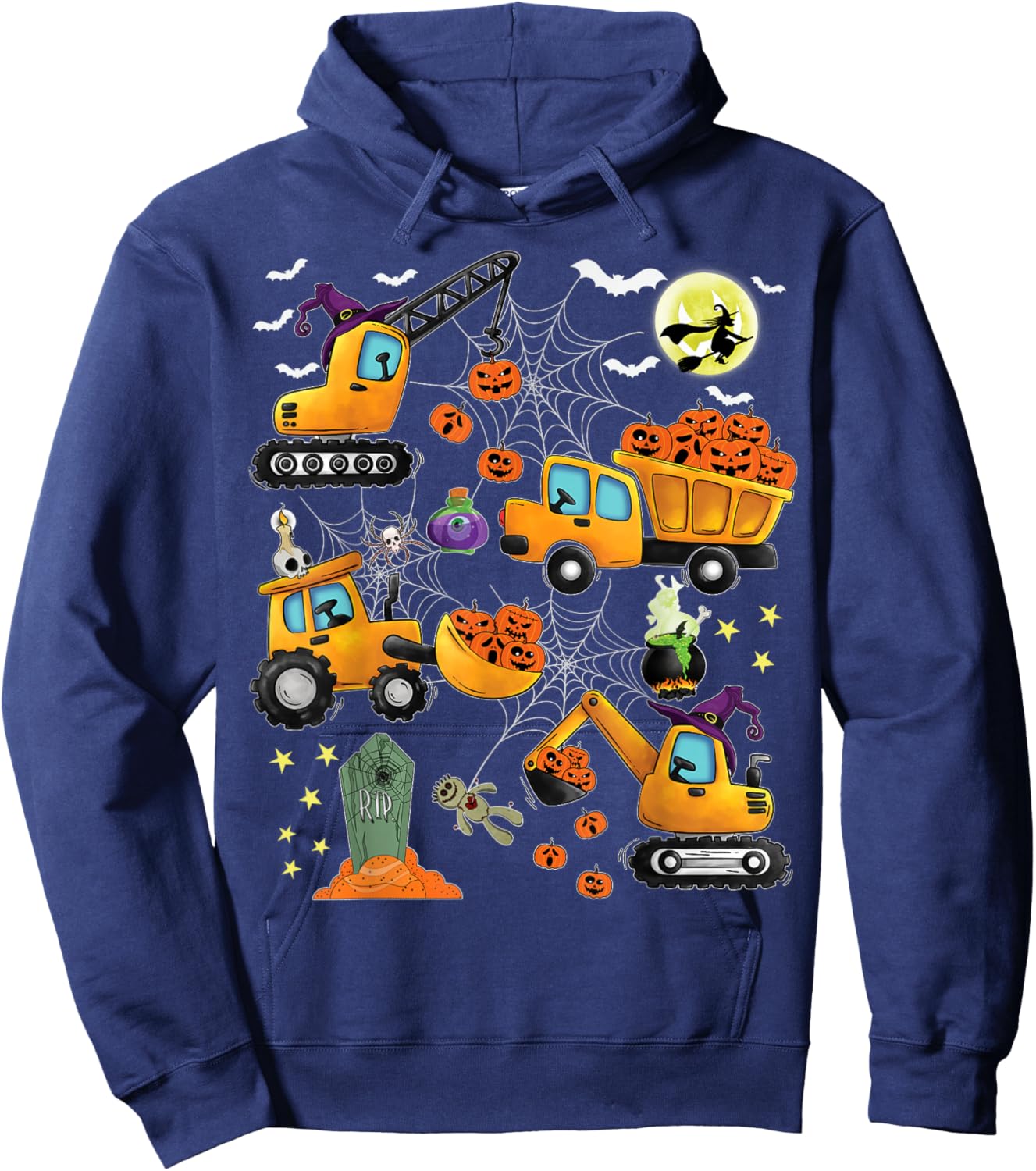 Kids Construction Vehicle Halloween Crane Truck Pumpkin Boys Hoodie - Hoodie | Navy