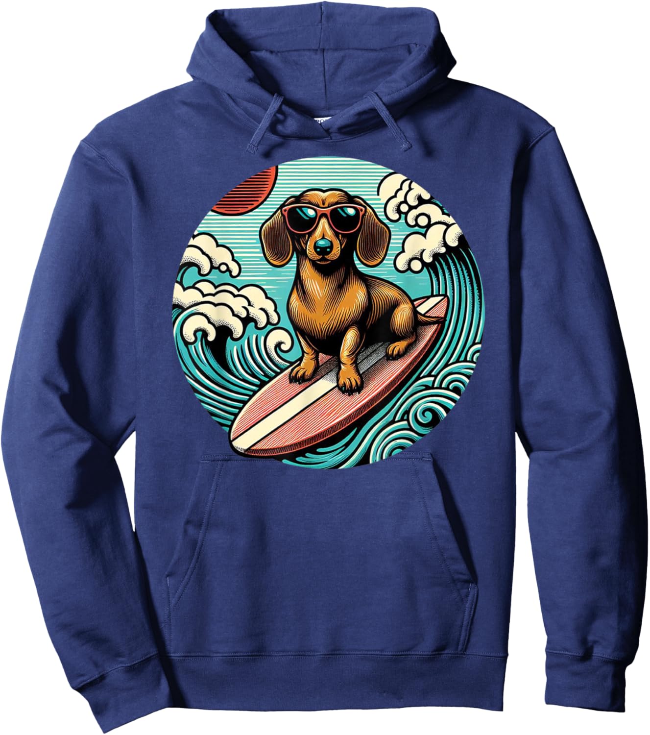 Red Dachshund Surfing Summer Vibes Ocean Beach Surfer Wave Hoodie - Hoodie | Navy