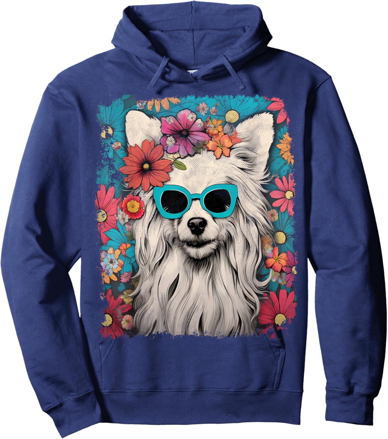 Pet Dog Face Vintage Chinese Crested Dog Floral Graphic Hoodie - Hoodie | Navy