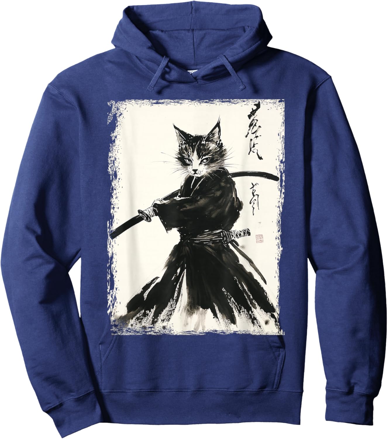 Samurai Cat Ukiyo-e Vintage Art Warrior Graphic Hoodie - Hoodie | Navy