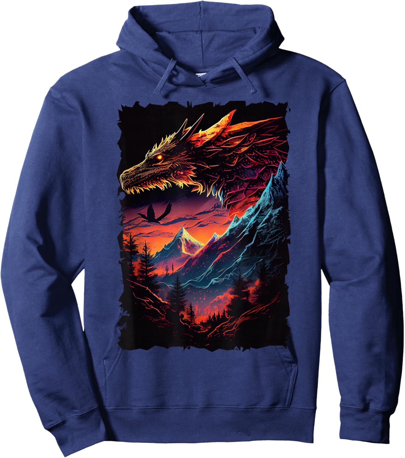 Dragon with Mountain Sunset Retro Fantasy Adventure Design Hoodie - Hoodie | Navy