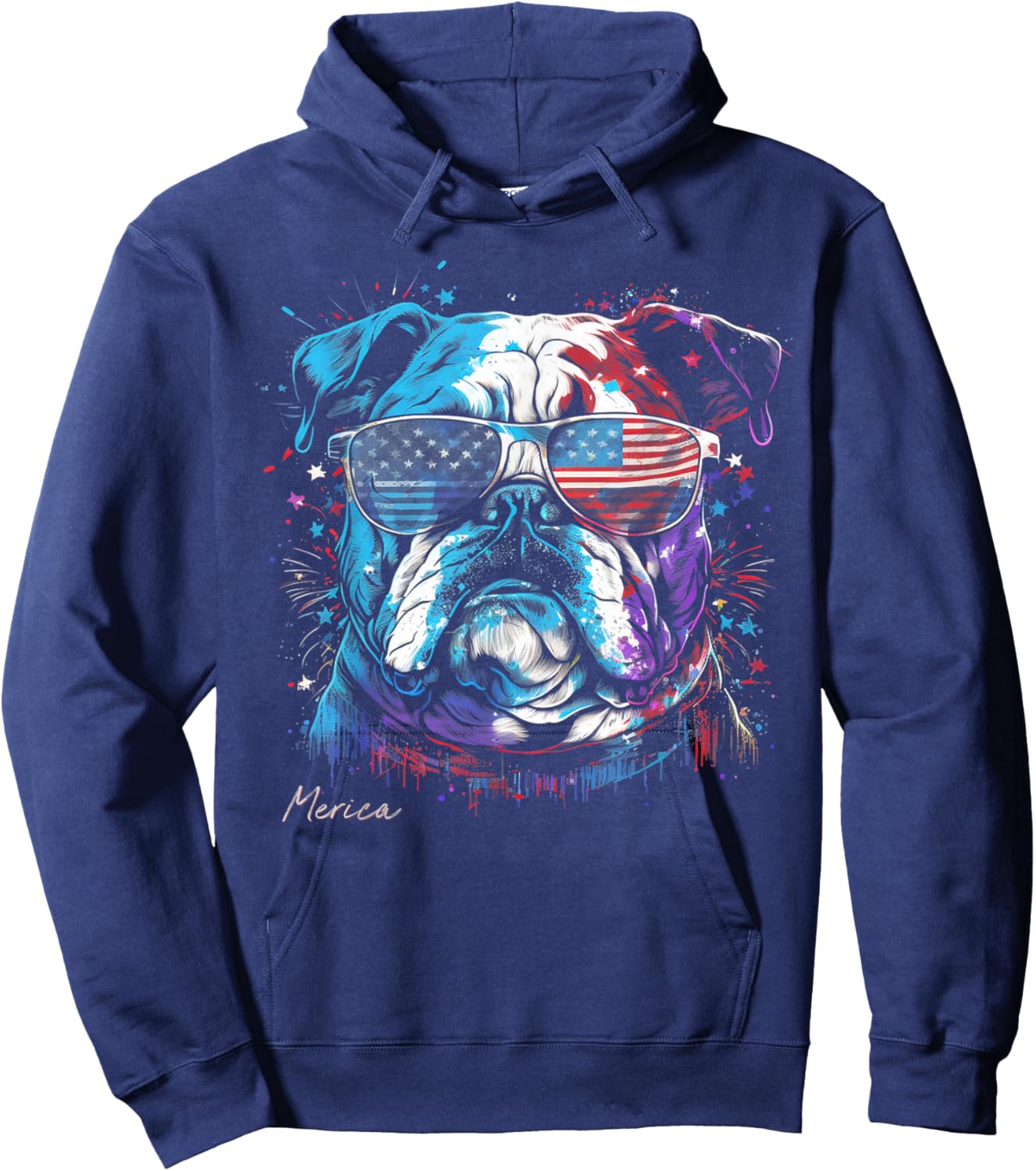 English Bulldog Dog 4th of July American Flag USA Funny Hoodie - Hoodie | Navy