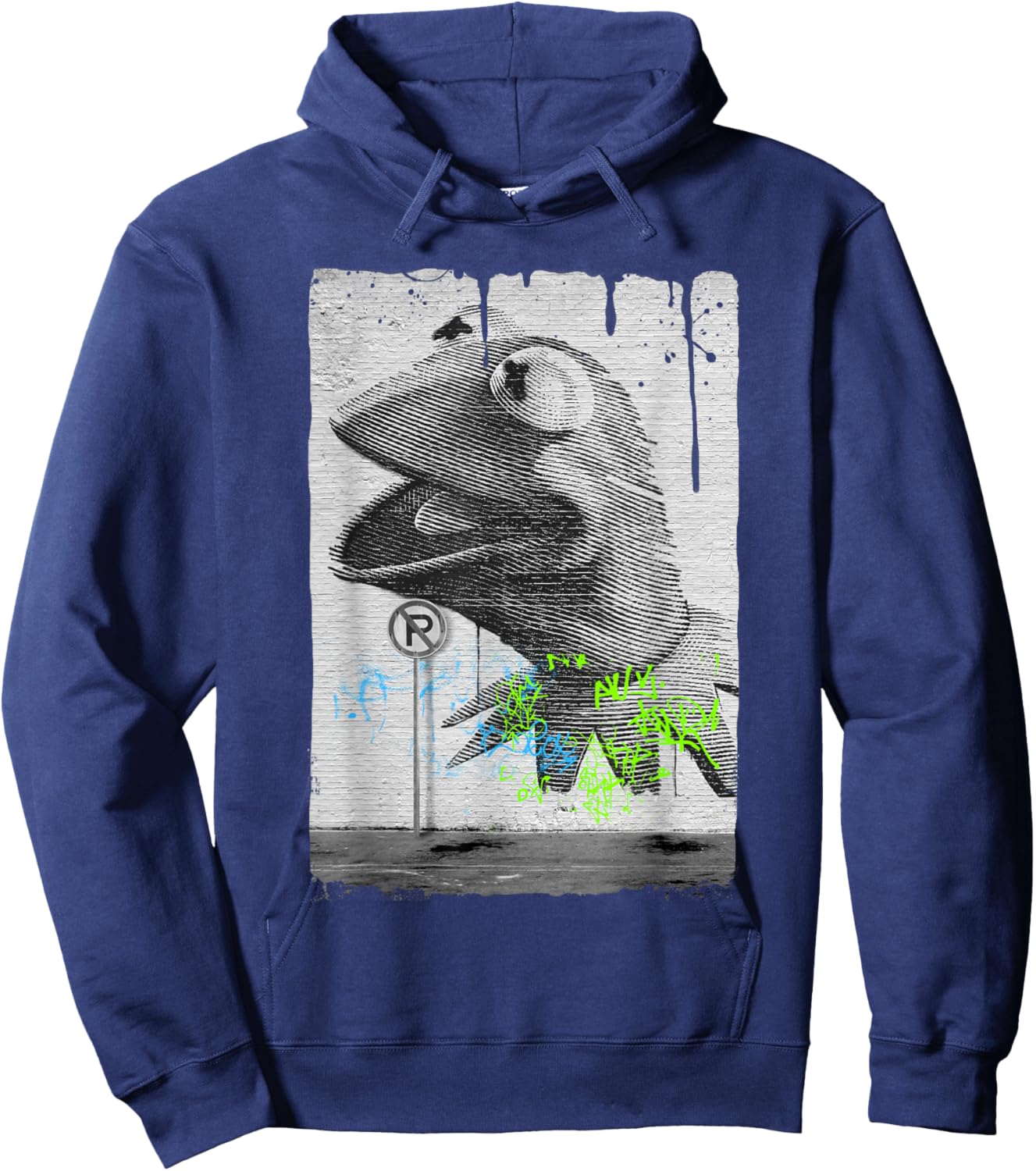 Disney The Muppets Kermit The Frog Distressed Overlay Panel Hoodie - Hoodie | Navy
