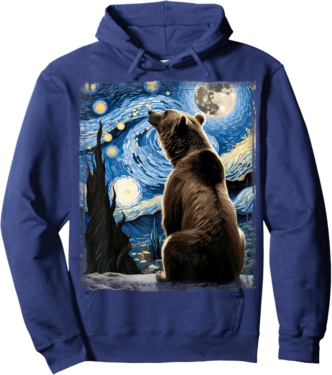 Artistic Bear Shirt Van Gogh Style Starry Night Grizzly Bear Hoodie - Hoodie | Navy