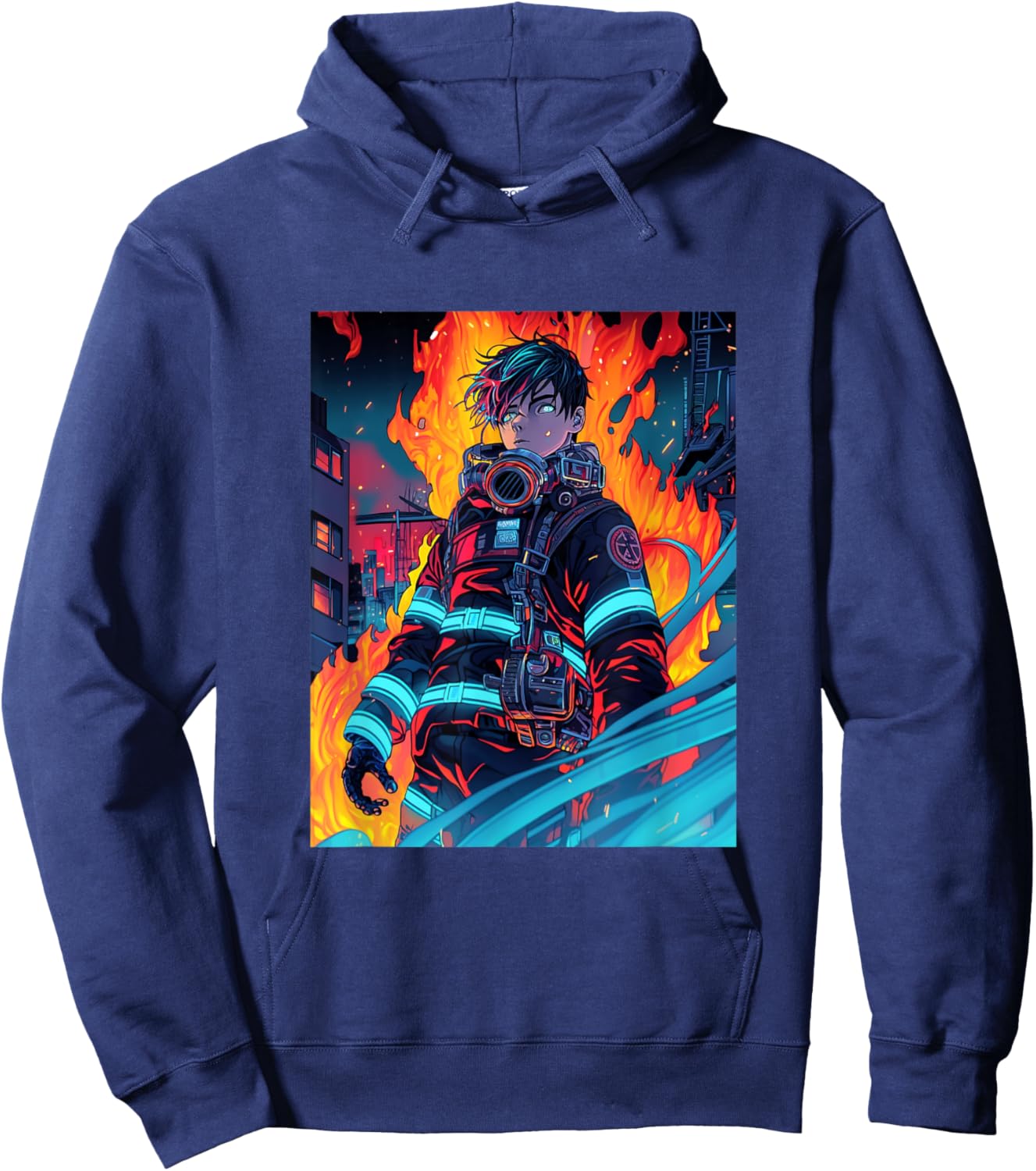 Anime Firefighter Fireman Cyberpunk Japanese Otaku Hoodie - Hoodie | Navy