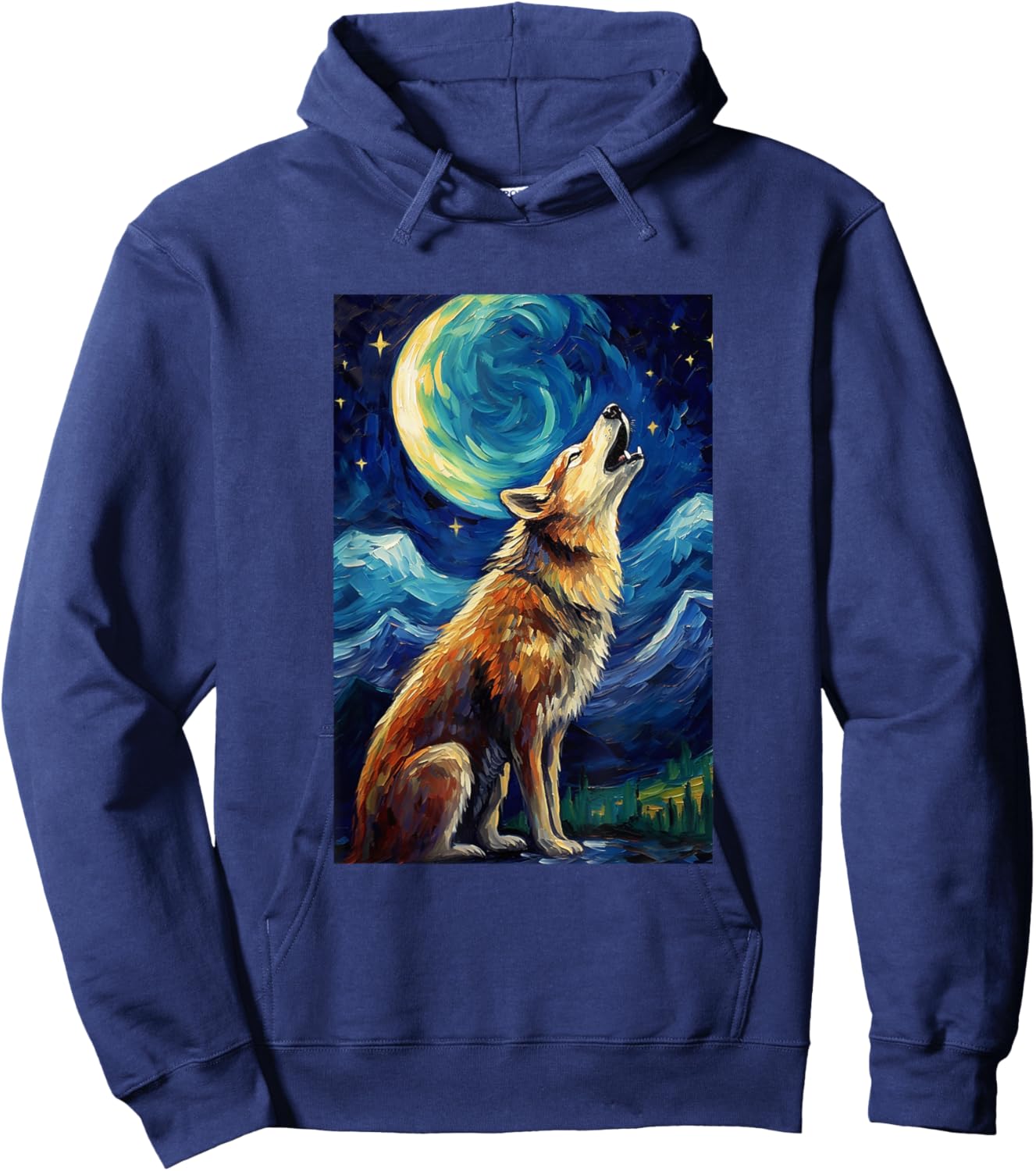 Wolf howls at moon - Van Gogh Style - Starry Night Hoodie - Hoodie | Navy