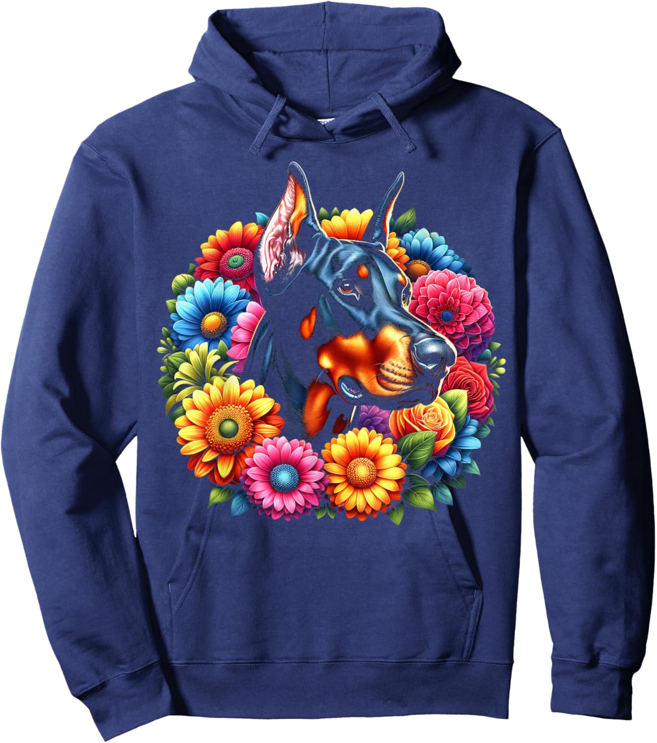 Cute Doberman Portrait in Colourful Flowers Hoodie - Hoodie | Navy