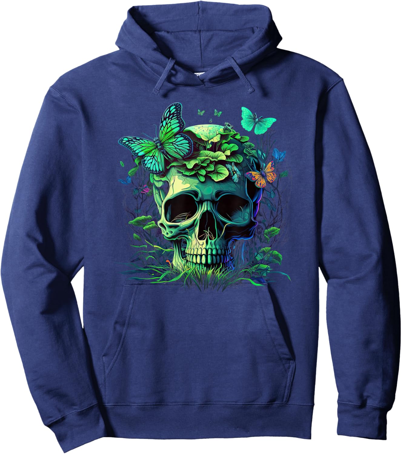 Skull with Vibrant Butterfly flower and mushroom Hoodie - Hoodie | Navy