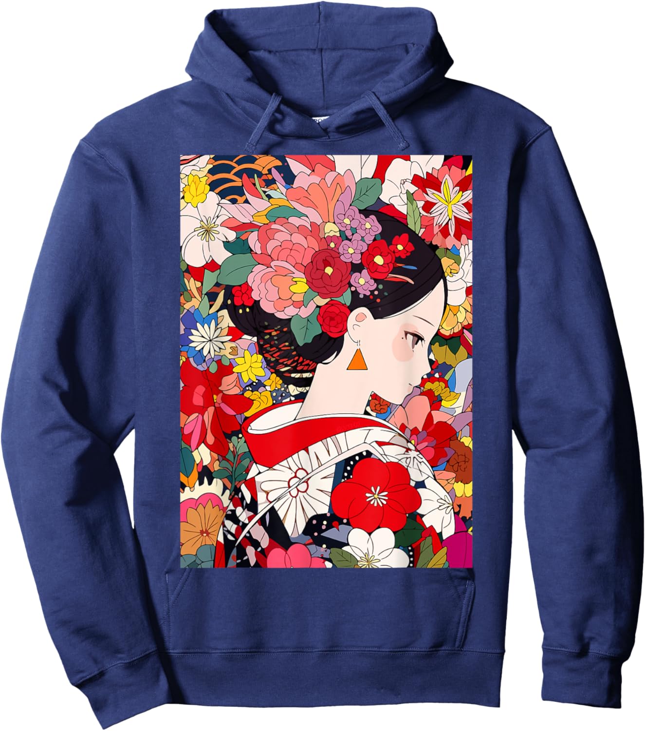 Japanese Flower Kimono Girl Cute Kawaii Anime Art Hoodie - Hoodie | Navy