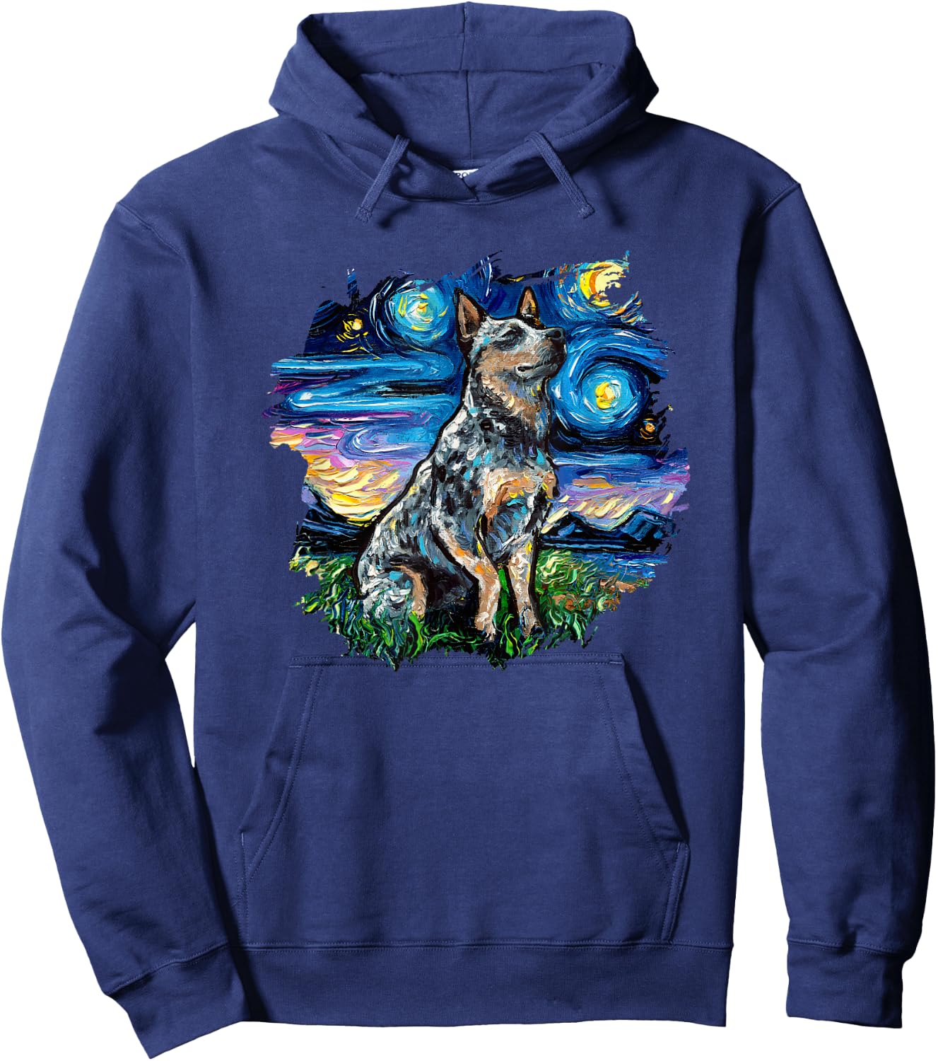 Blue Heeler with border Starry Night Dog Art by Aja Hoodie - Hoodie | Navy