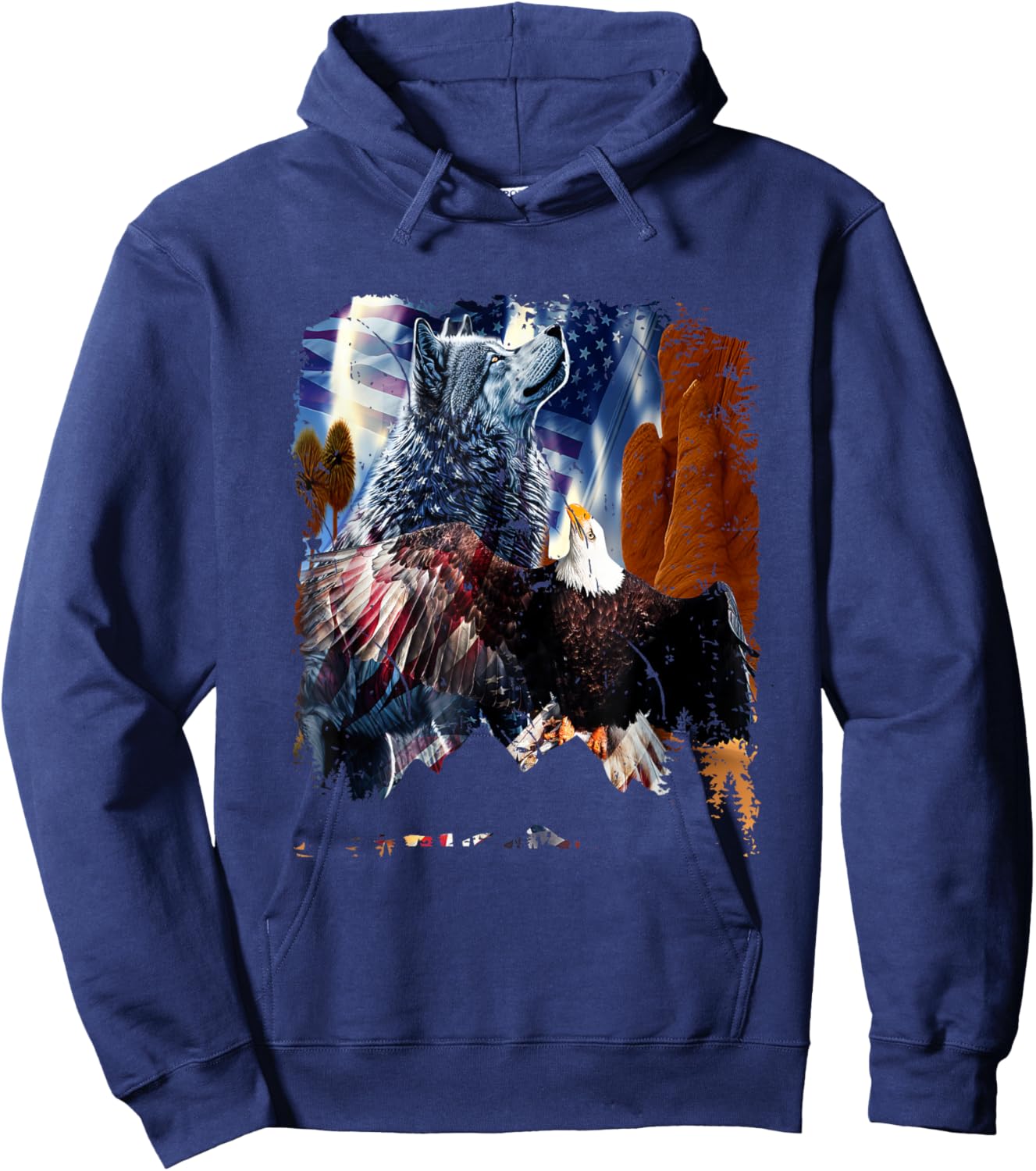Wolf With Bald Eagles American Flag Patriotic Independence Women Men Hoodie - Hoodie | Navy