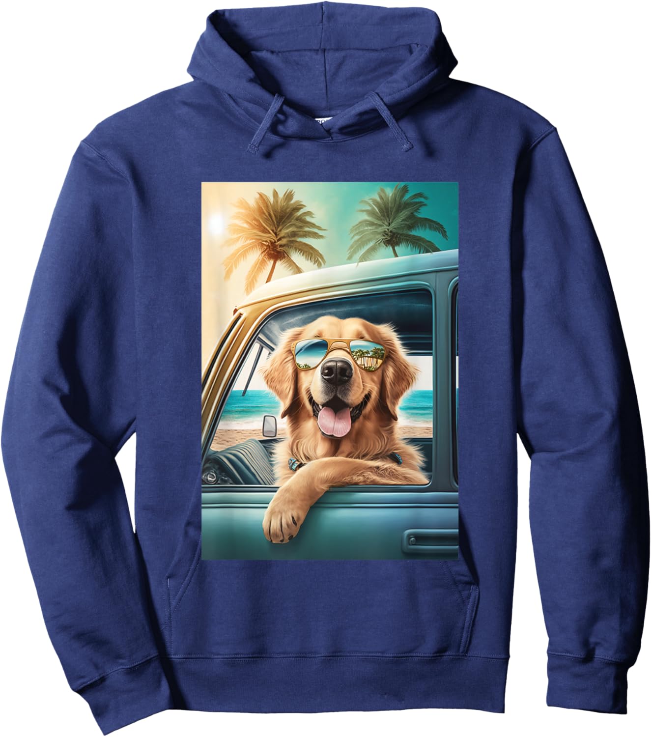 Golden Retriever Sunglasses Beach Palm Trees Car Summer Men Women Kids Hoodie - Hoodie | Navy