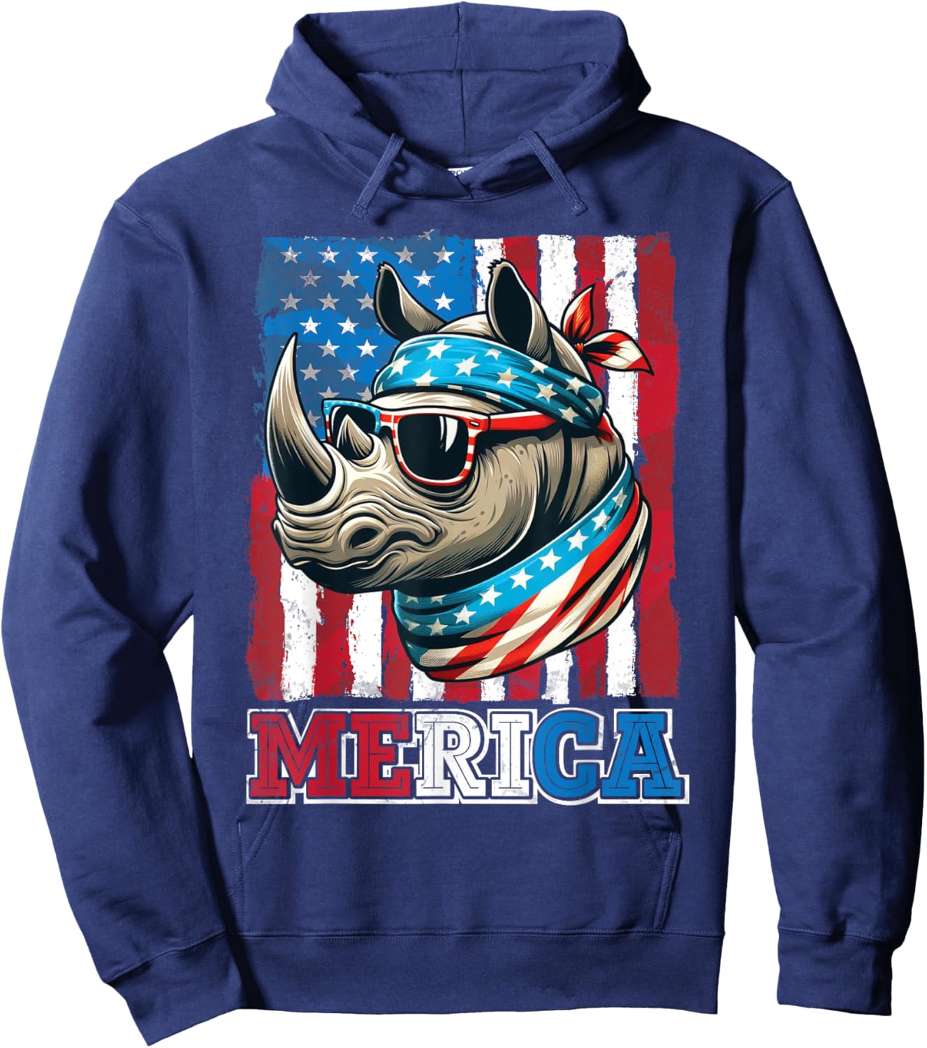 Rhino Wearing US Flag Costume Independence July 4th MERICA Women Men Hoodie - Hoodie | Navy