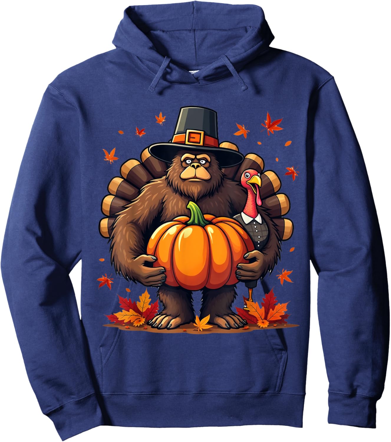 Bigfoot Pilgrim Thanksgiving with Pumpkin and Turkey Hoodie - Hoodie | Navy