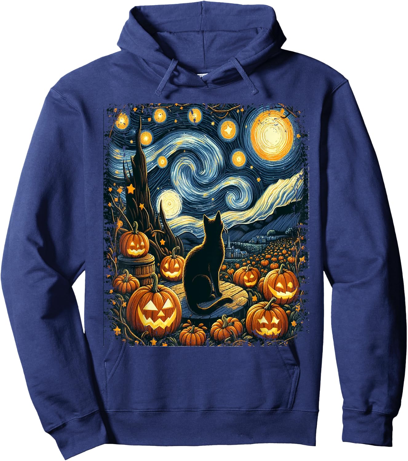 Halloween Van Gogh Starry Night Black Cat Pumpkins Men Women Kids Hoodie - Hoodie | Navy