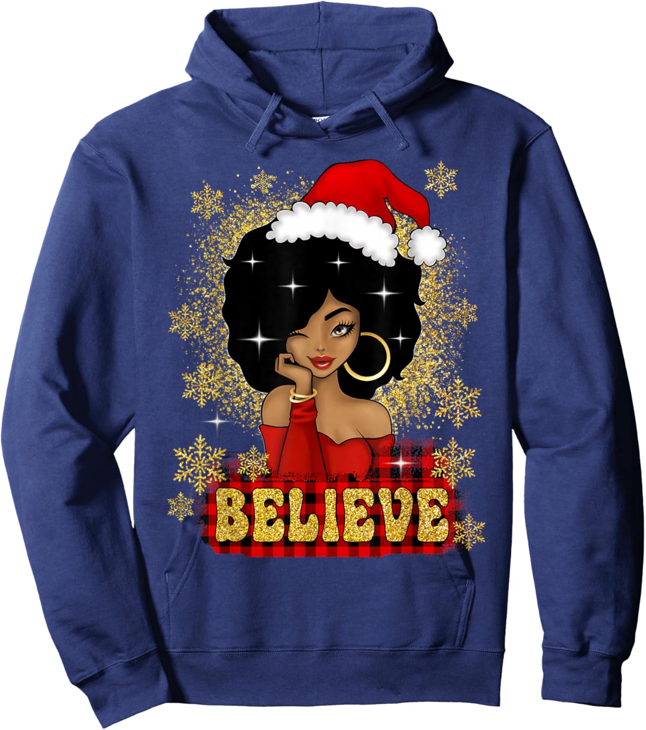 Christmas Believe Santa African American Black Woman Hoodie - Hoodie | Navy