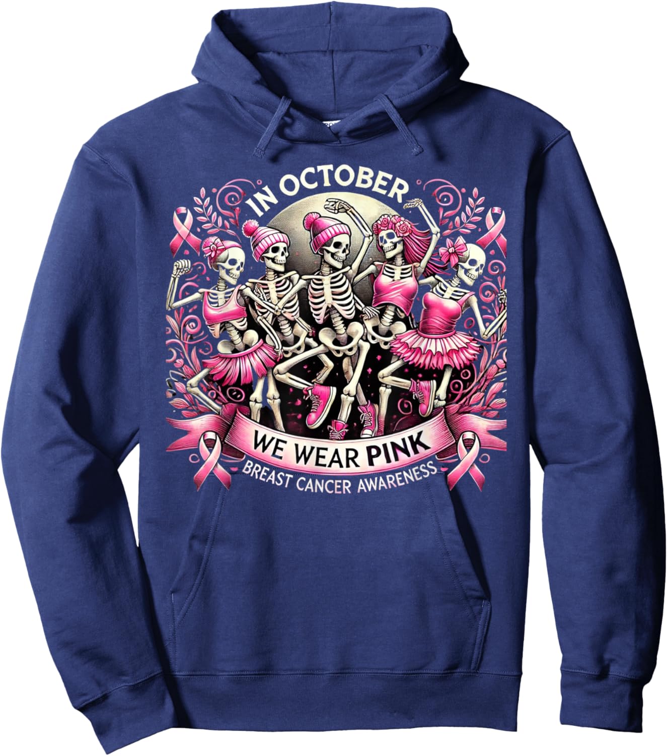 In October We Wear Pink Dancing Skeletons Breast Cancer Hoodie - Hoodie | Navy